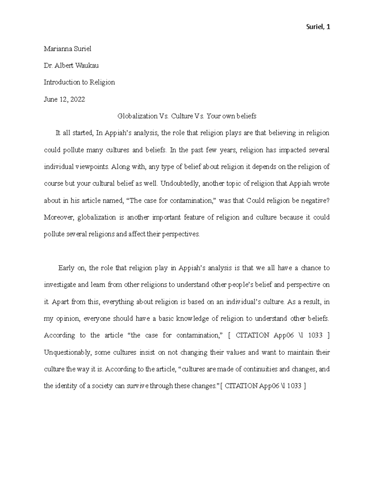 Rel disc - essay part 2 - Marianna Suriel Dr. Albert Waukau ...