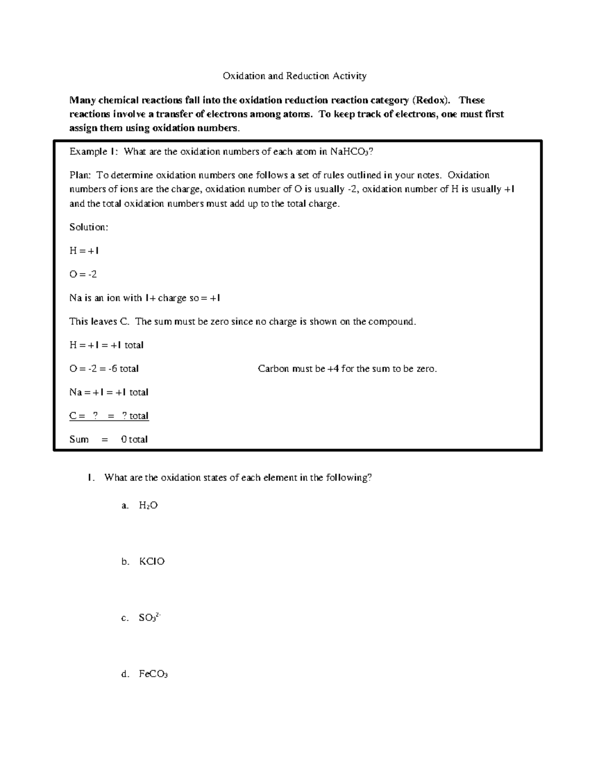 7.e Redox Reactions - Homework - Oxidation and Reduction Activity Many ...