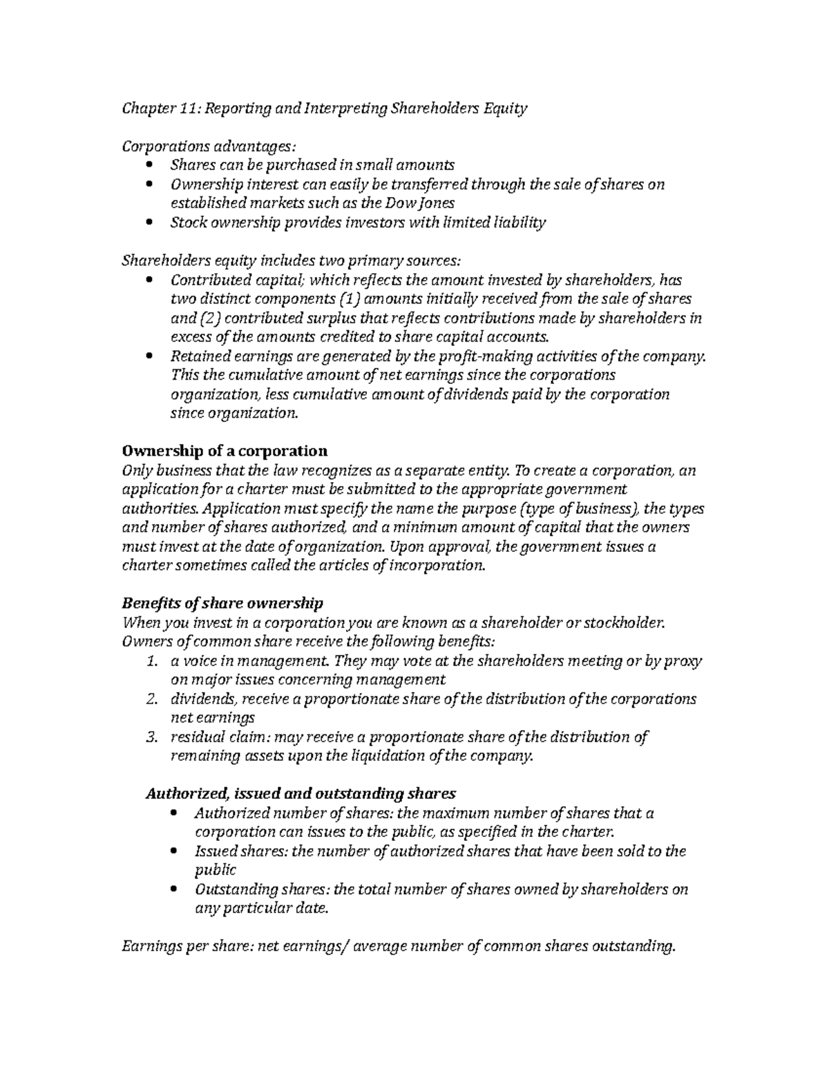Chapter 11 - Chapter 11: Reporting and Interpreting Shareholders Equity ...