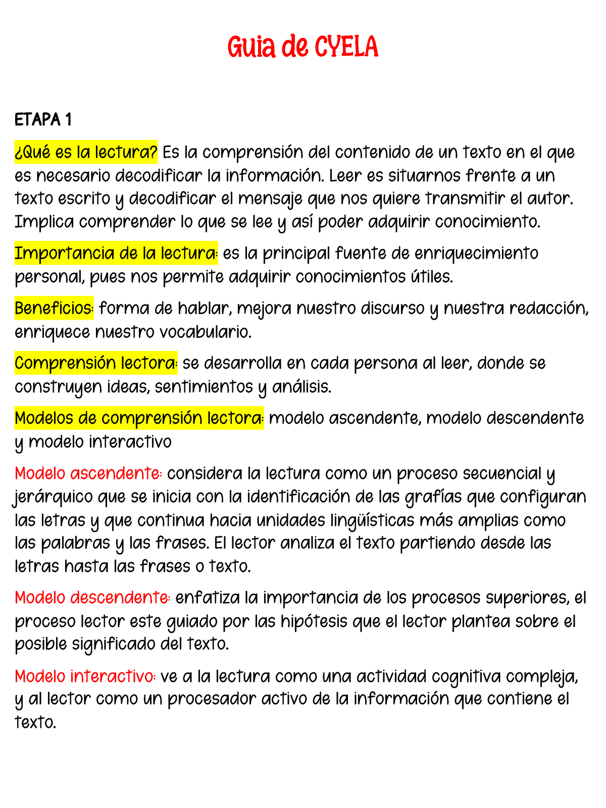 Midterms-cyela - Guía de estudias para medio termino - ETAPA 1 ¿Qué es la  lectura? Es la comprensión - Studocu