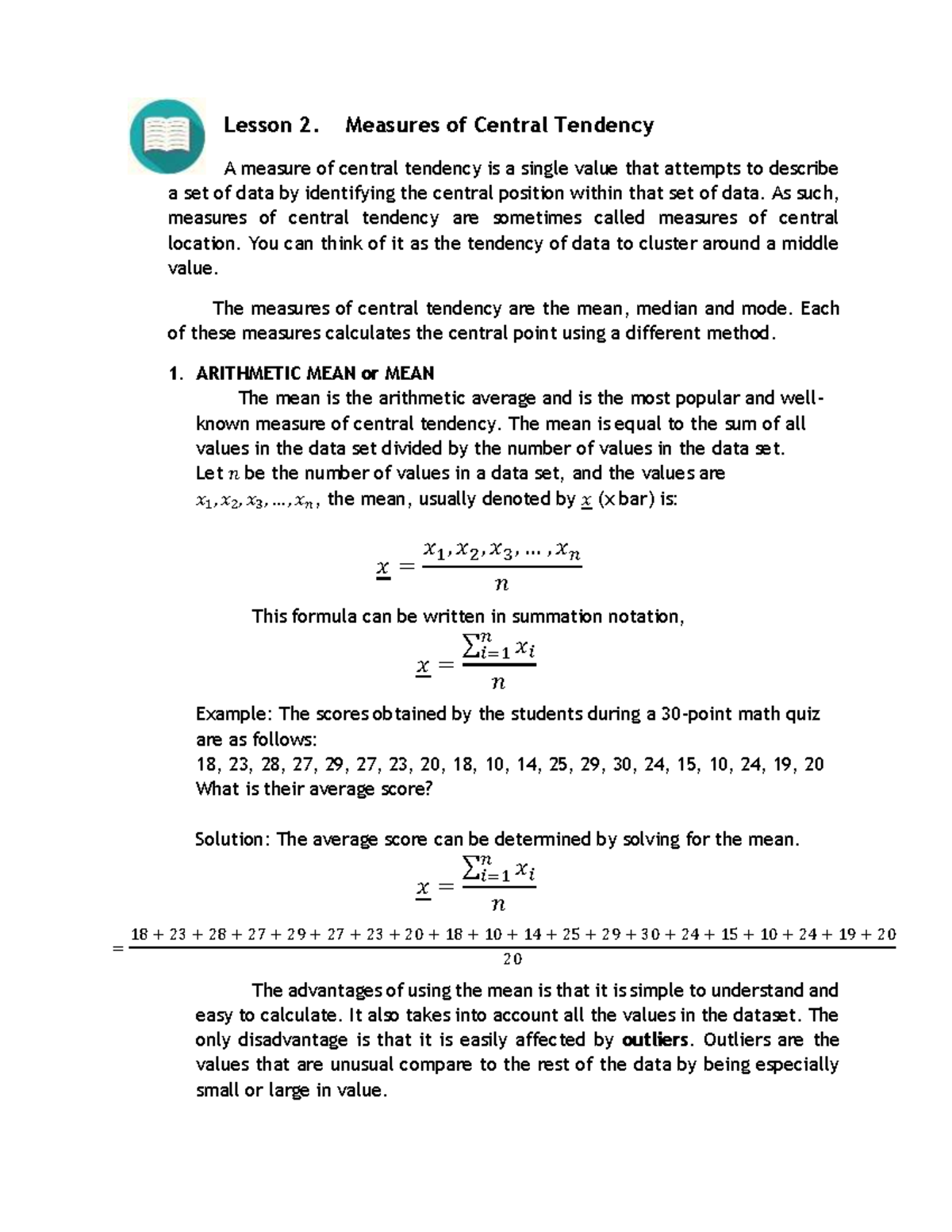 Lesson-2 module 3 - Lesson 2. Measures of Central Tendency A measure of ...