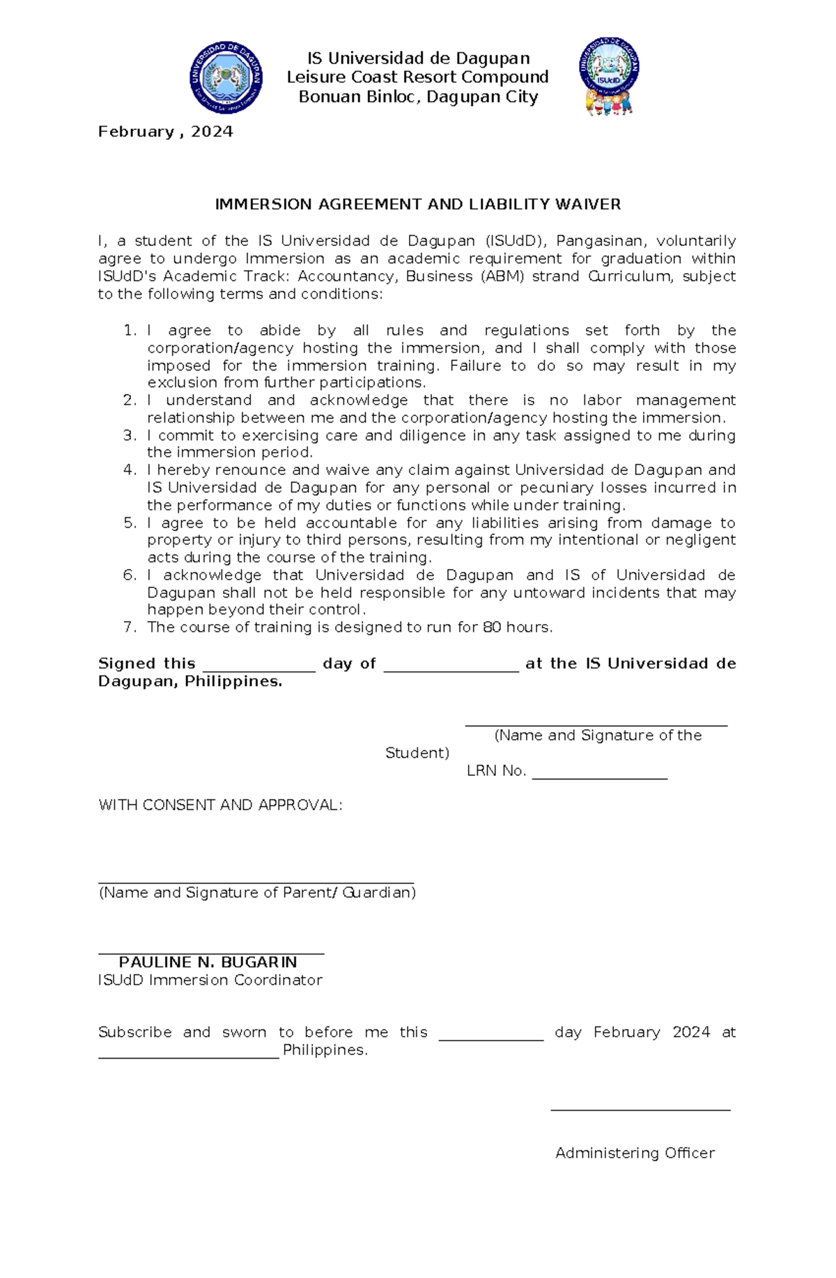 Immersion Agreemnet AND Liablity Waiver 2023 2024 - Leisure Coast ...