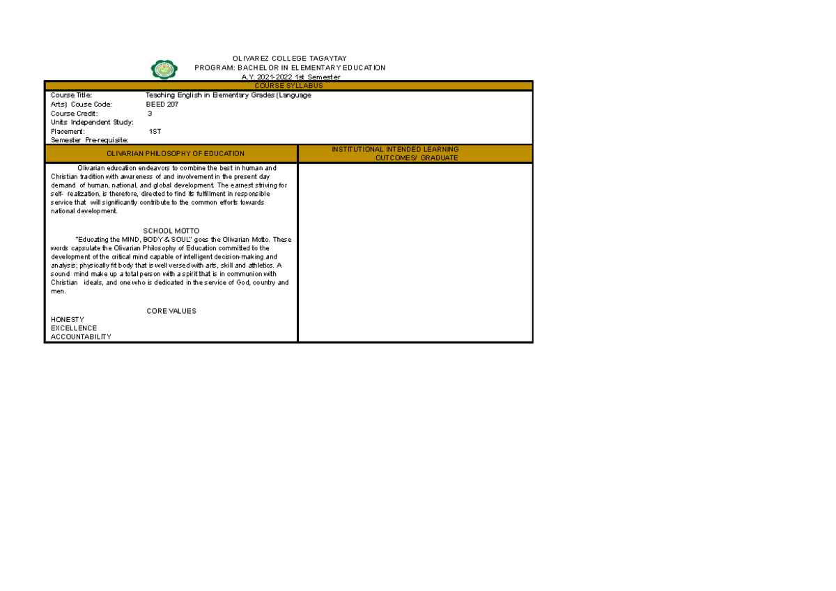 BED English Sample - it is a course syllabi - OLIVAREZ COLLEGE TAGAYTAY ...