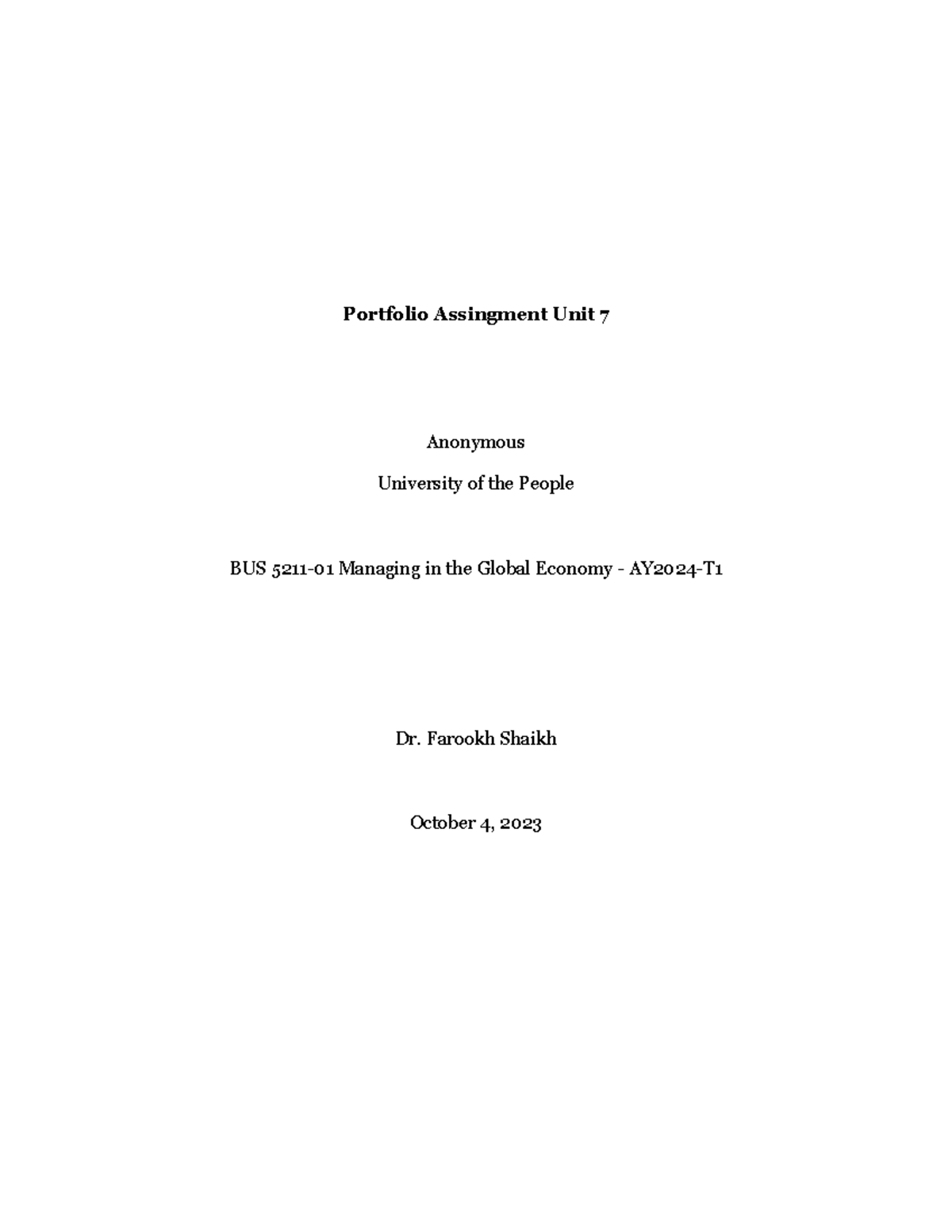 Portfolio Assignment week 7 - Portfolio Assingment Unit 7 Anonymous ...