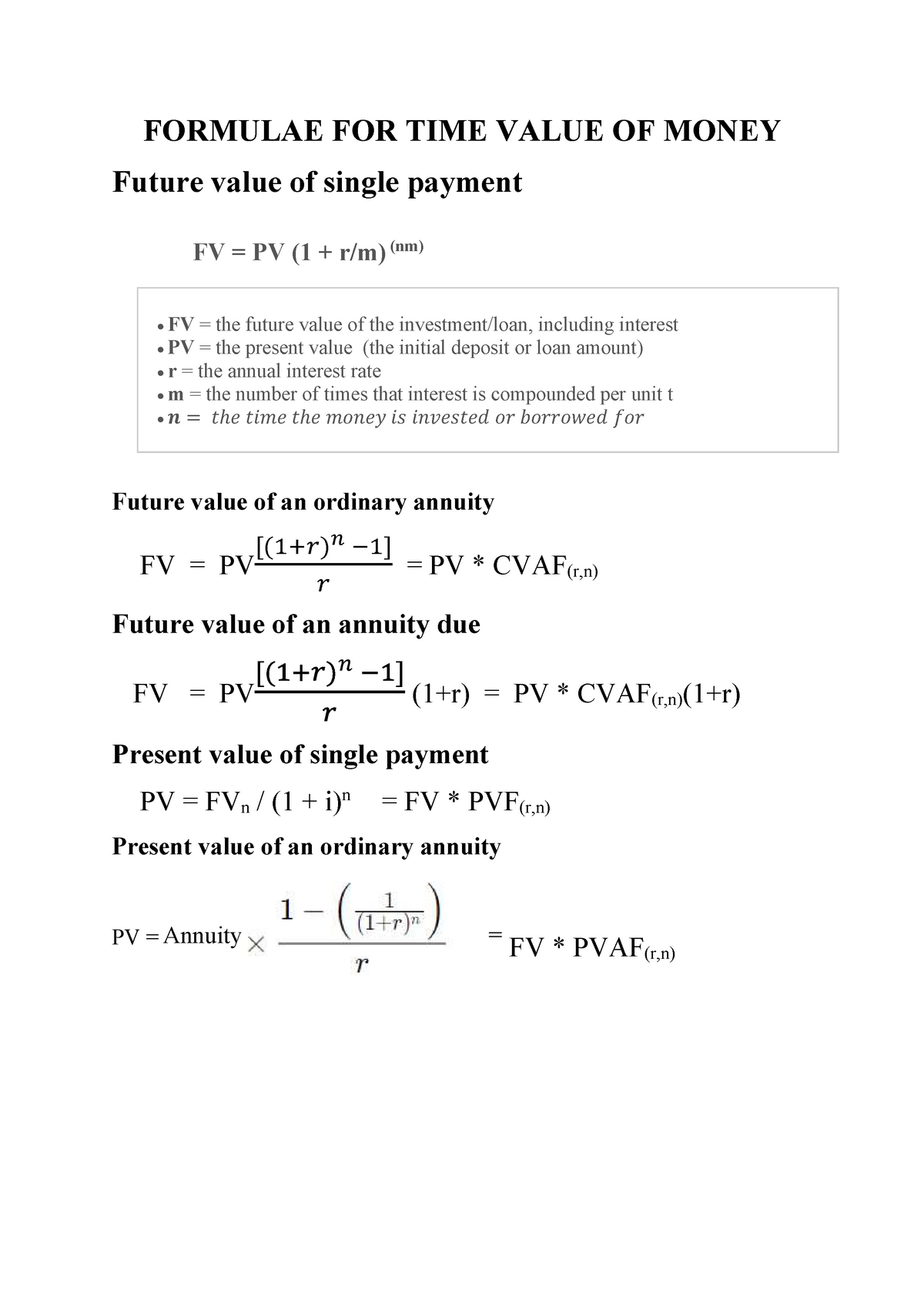 Formulae Tvm - FORMULAE FOR TIME VALUE OF MONEY Future Value Of Single ...