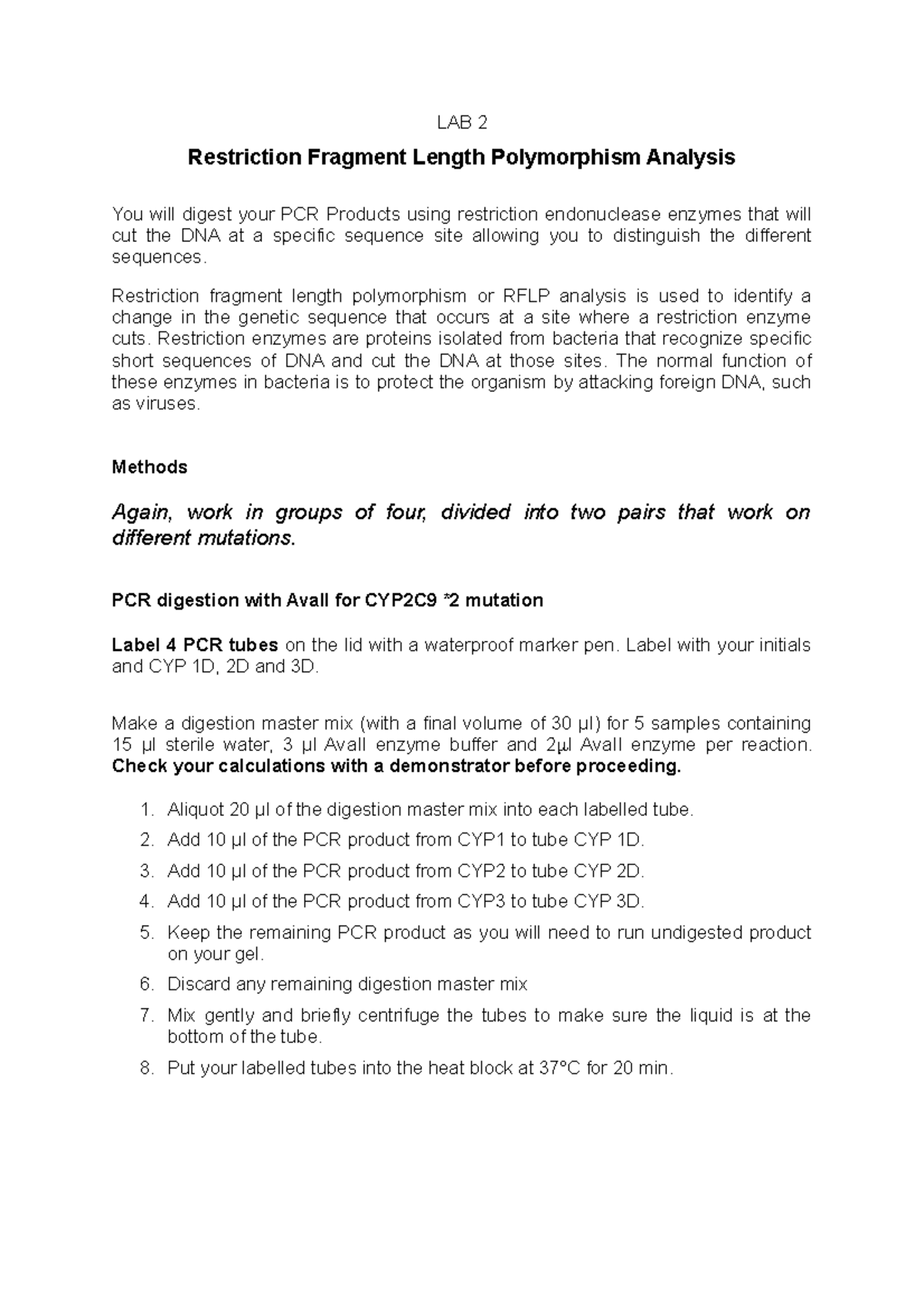 213BMS PCR Lab 2 2019 - LAB 2 Restriction Fragment Length Polymorphism ...