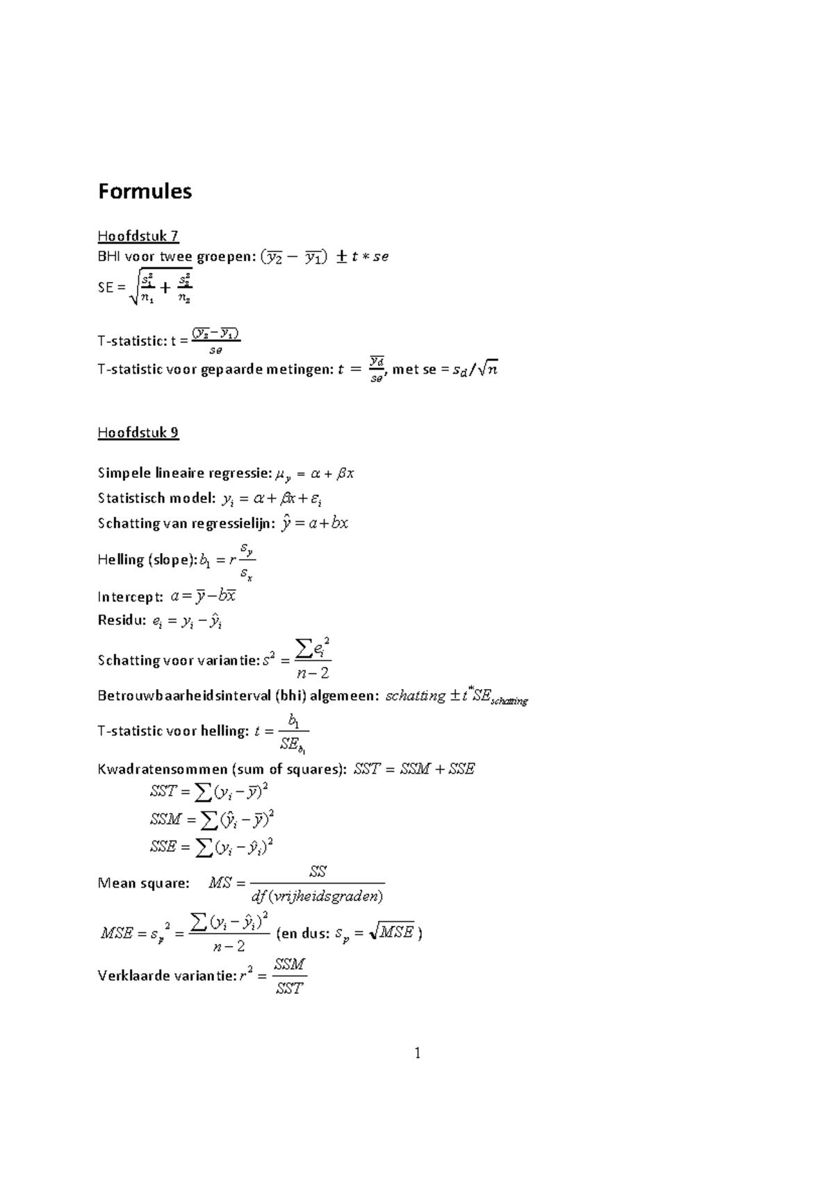 Formuleblad - Formule Blad Voor Tentamen - 1 Formules Hoofdstuk 7 BHI ...