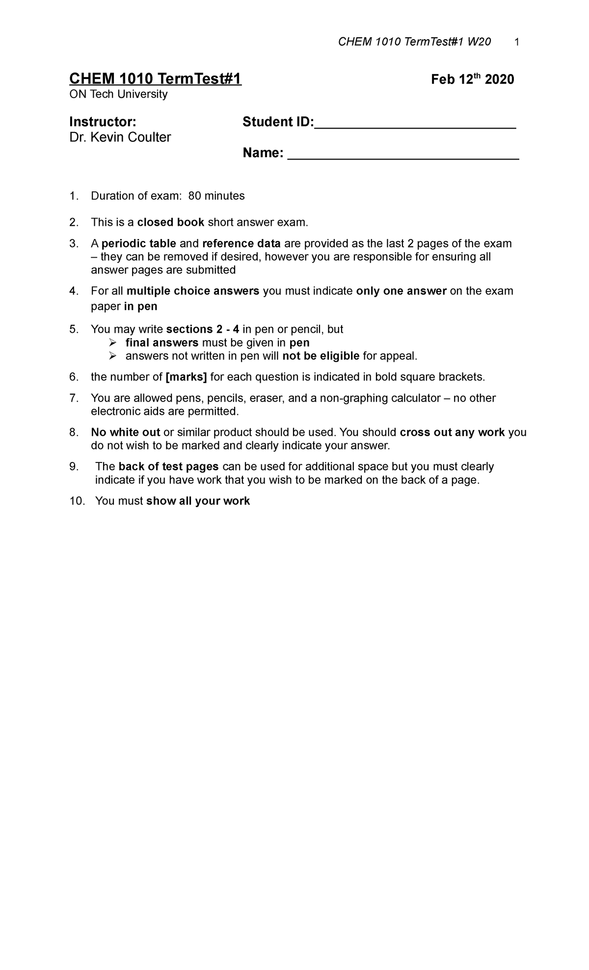 Term Test 1 1010 2020 Feb12 - CHEM 1010 TermTest#1 Feb 12th 2020 ON ...