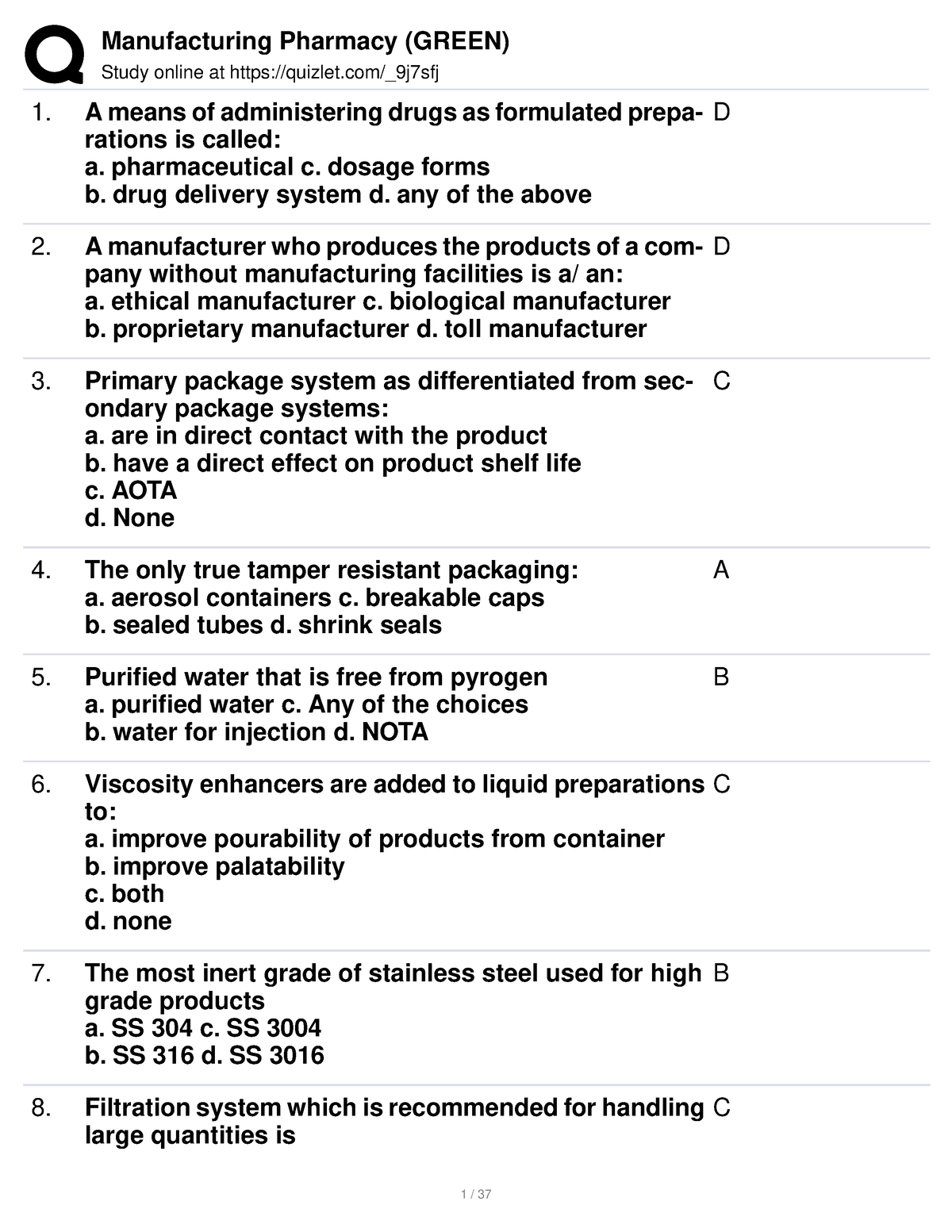 Manufacturing Pharmacy ( Green) - Study Online At Quizlet/_9j7sfj A ...