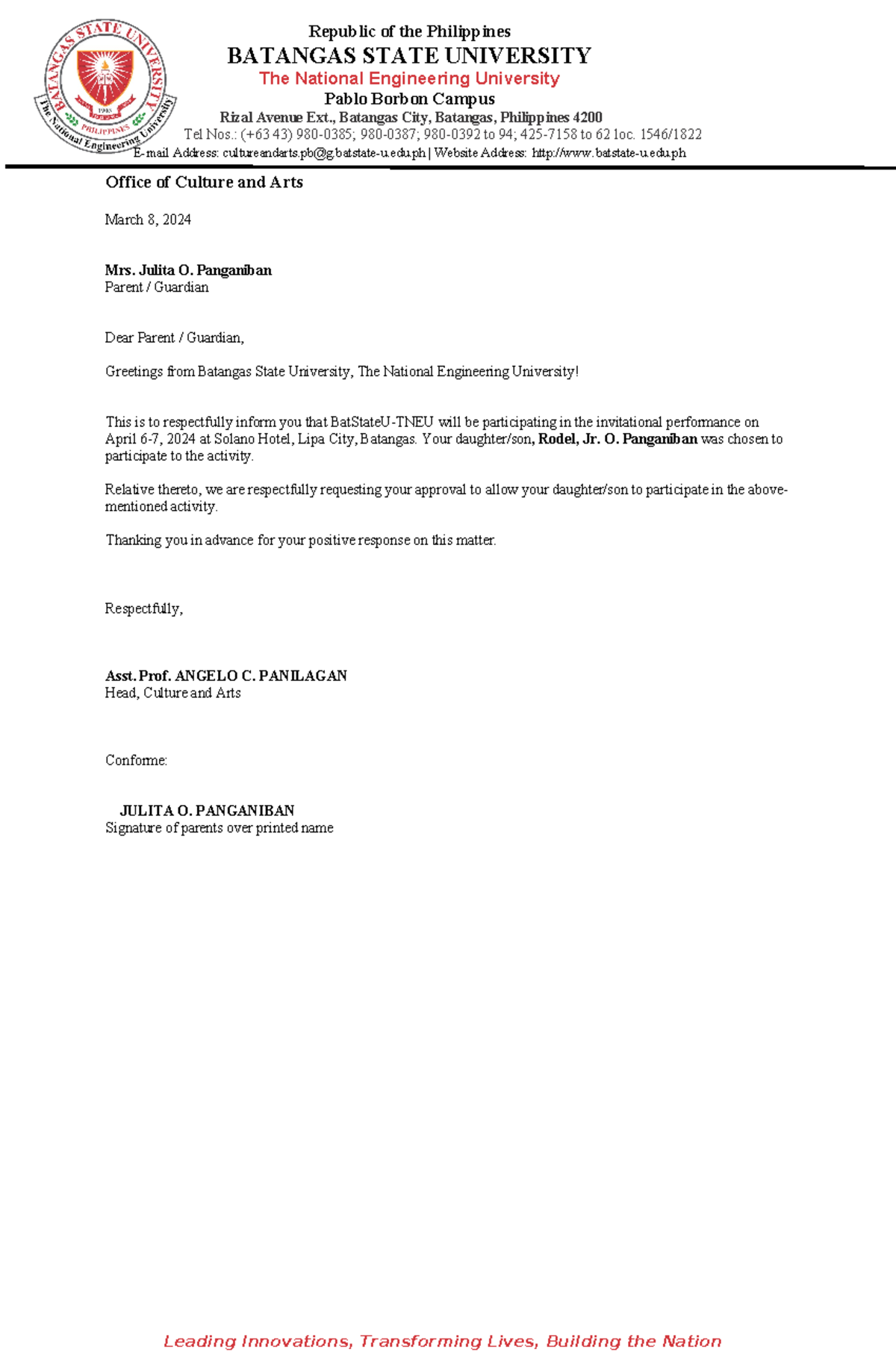 Letter to Parent Template - Republic of the Philippines BATANGAS STATE ...