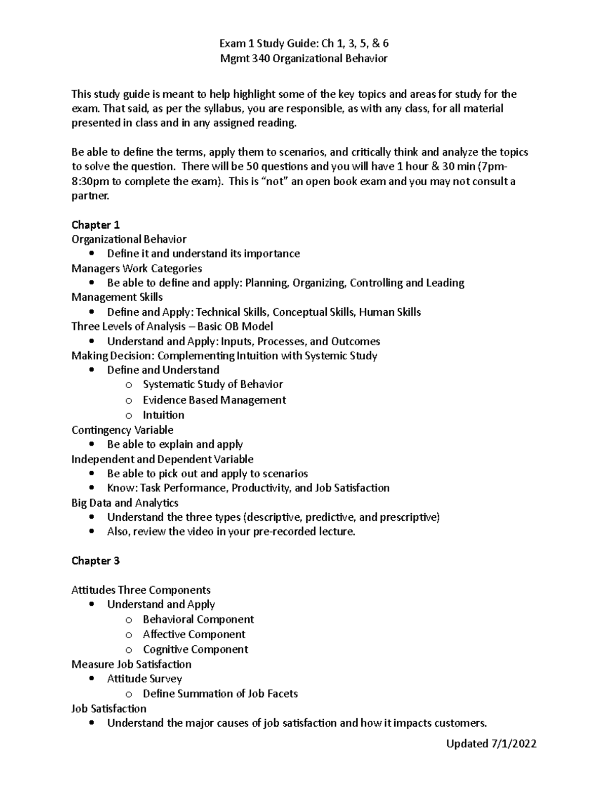 Exam 1 Study Guide - N/A - Exam 1 Study Guide: Ch 1, 3, 5, & 6 Mgmt 340 ...