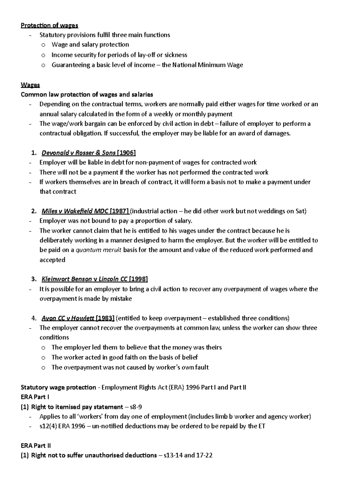 Employment law notes 5 - Protection of wages - Protection of wages ...