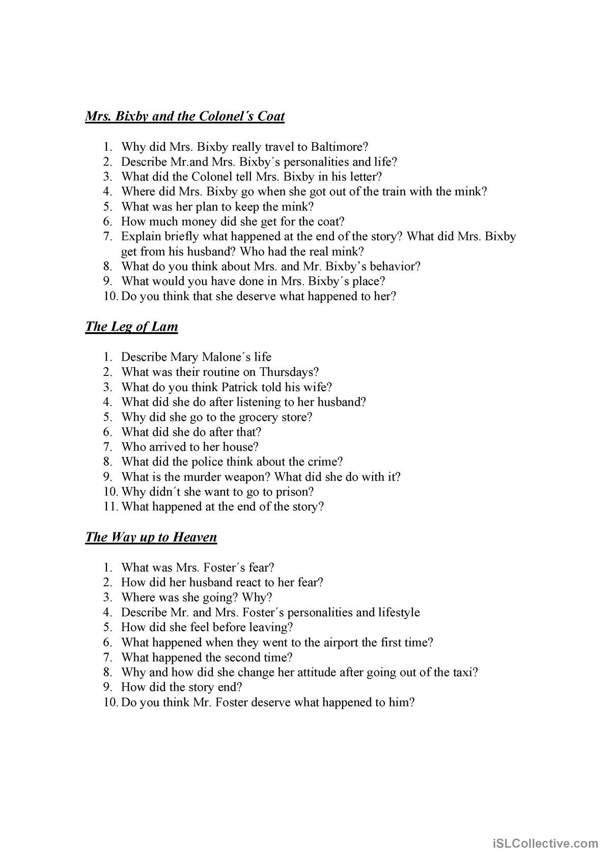 Roahl Dahl¨short stories questions - Mrs. Bixby and the Colonel ́s Coat ...