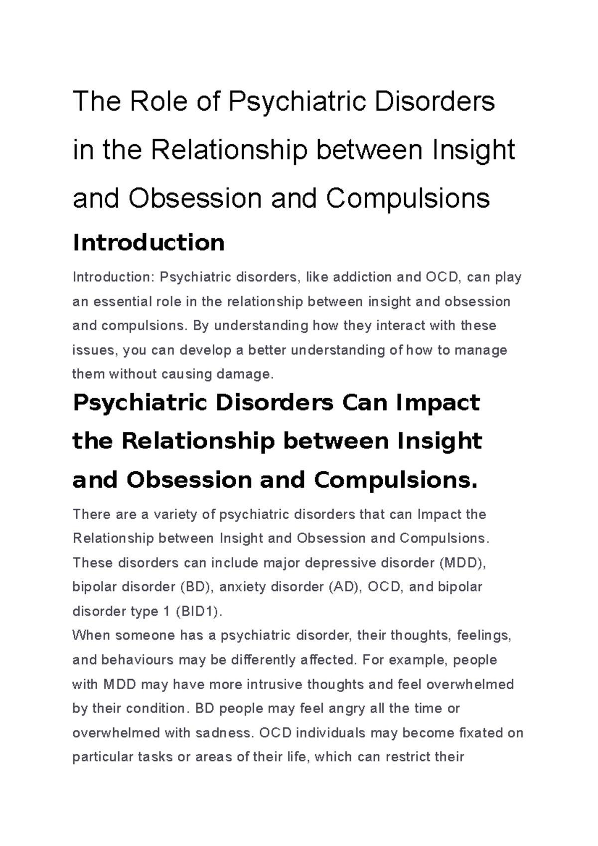 The Role of Psychiatric Disorders in the Relationship between Insight ...