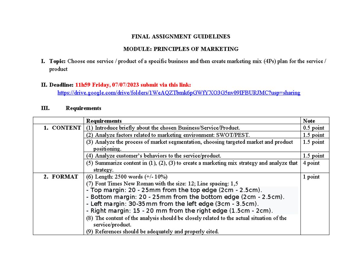 Đề BTL môn Principle of Marketing - FINAL ASSIGNMENT GUIDELINES MODULE ...