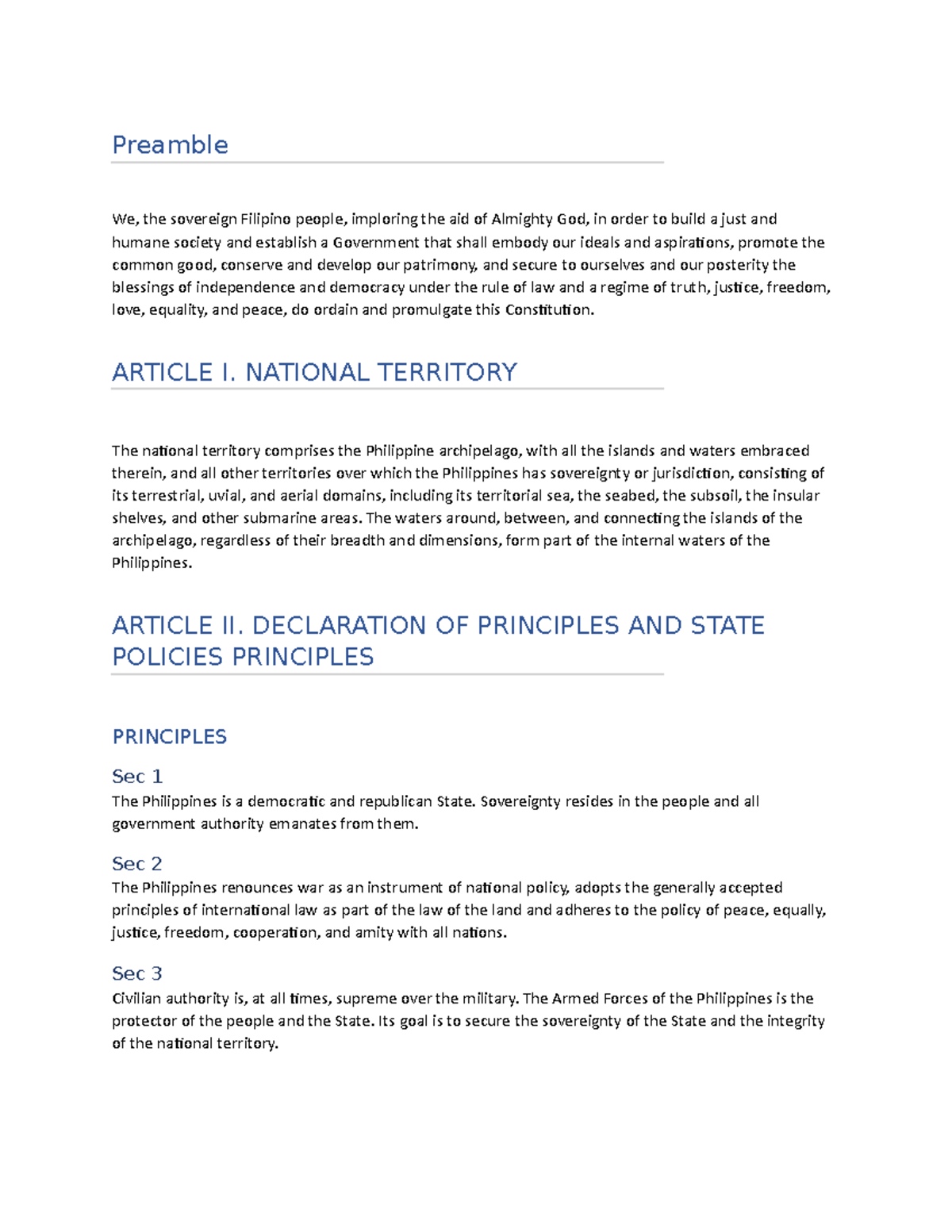 Constitutional Law. Module 1 - Preamble We, the sovereign Filipino ...