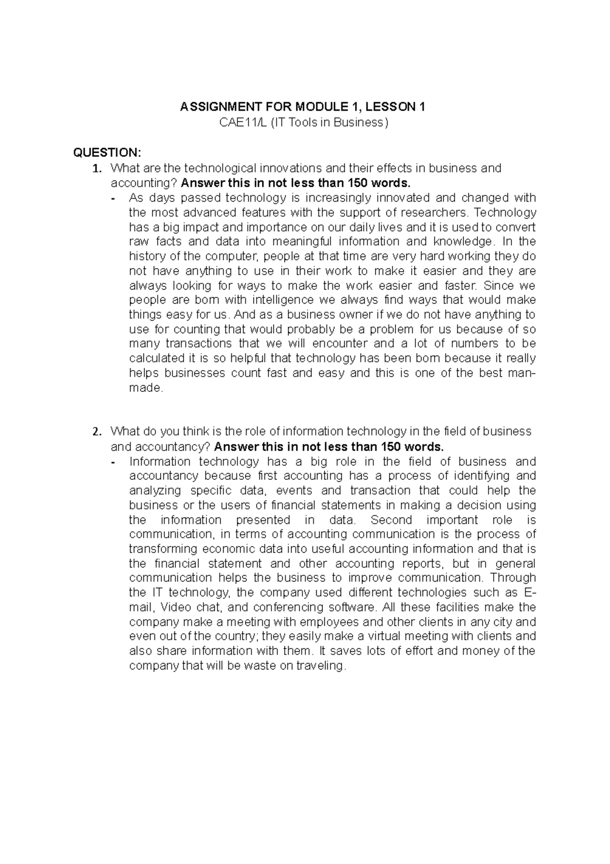 Assignment FOR Module 1, Lesson 1 IT - ASSIGNMENT FOR MODULE 1, LESSON ...