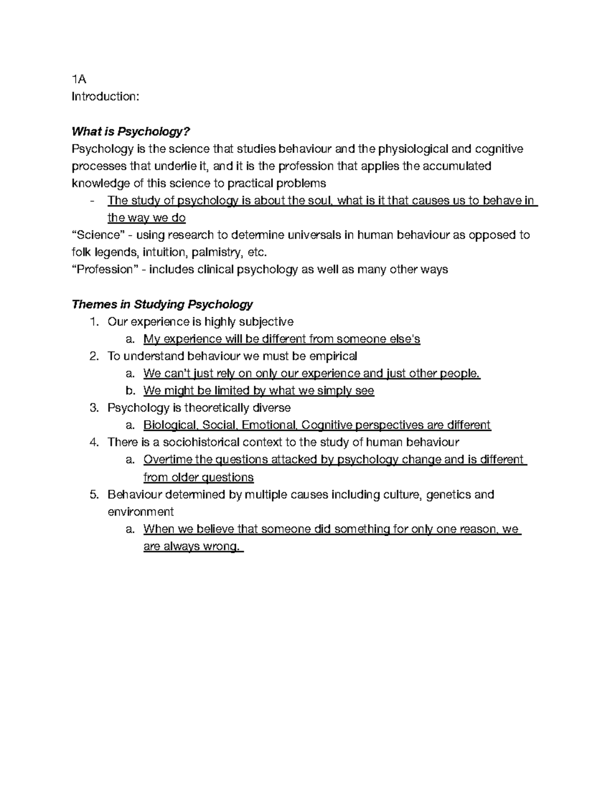 CH 1 What is Psychology - Lecture notes 1 - 1A Introduction: What is ...