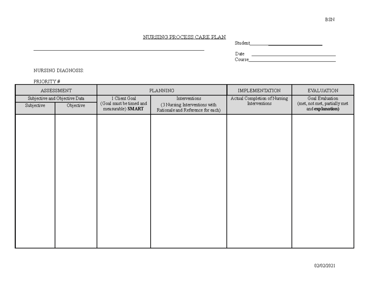 Care Plan Form Template BSN 02022021 BSN NURSING PROCESS CARE PLAN