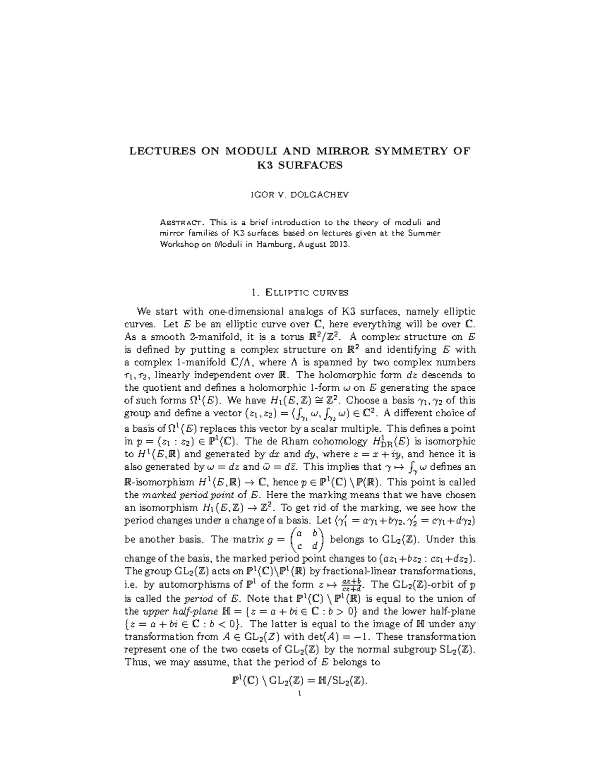 Lecture notes, lectures 1-6 - LECTURES ON MODULI AND MIRROR SYMMETRY OF ...