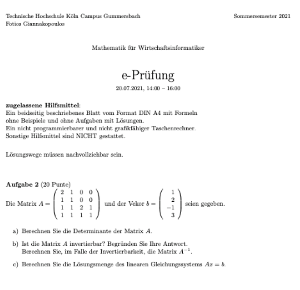 Mawi2 - Mögliche Klausuraufgabe - Mathematik - Studocu