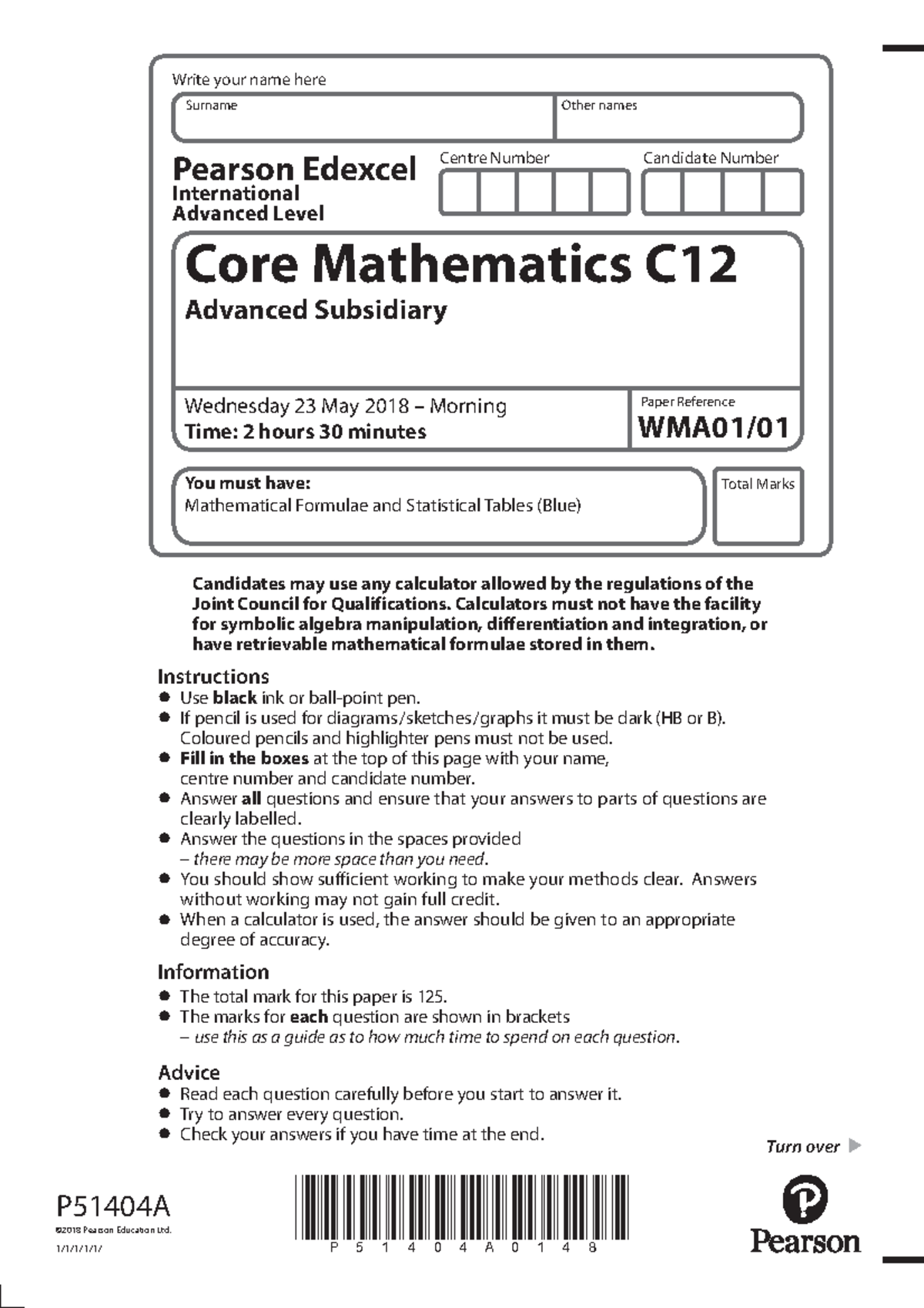 Questionpaper Paper C 12(WMA01) June2018 2 - Candidates May Use Any ...