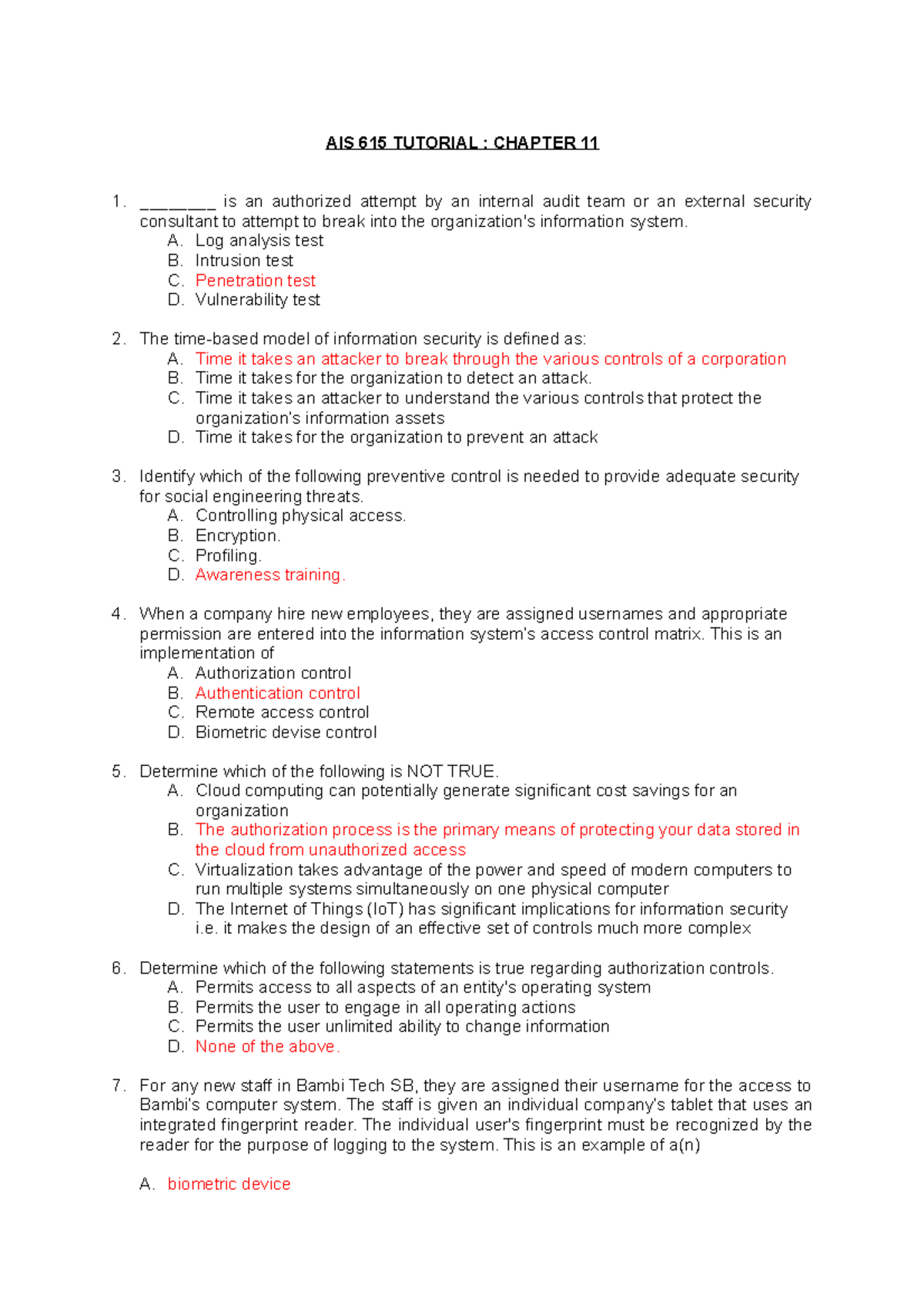 Objective question and answer for chapter 10 ais 615 tutorial
