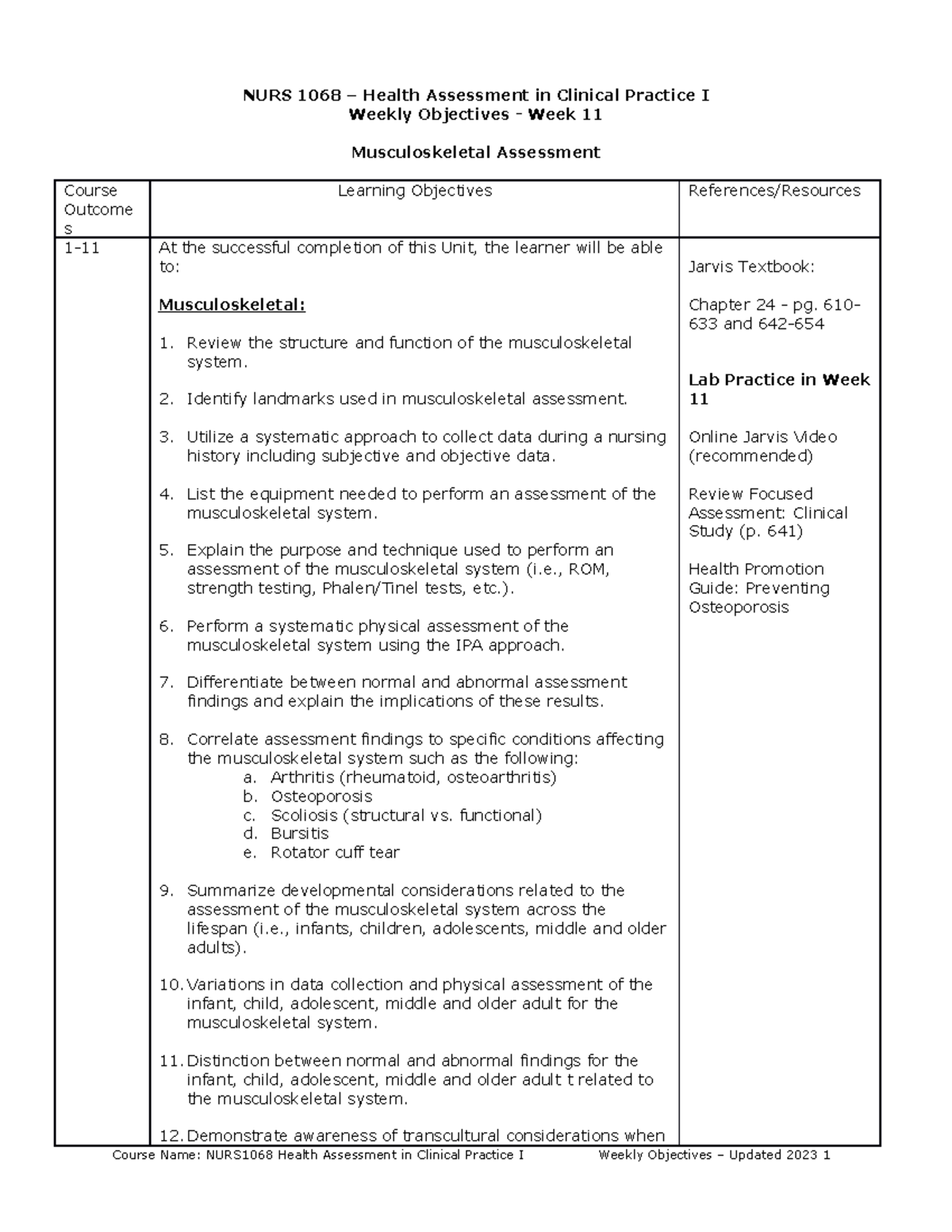 WK11 Objectives Musculoskeletal 2023 - NURS 1068 – Health Assessment in ...