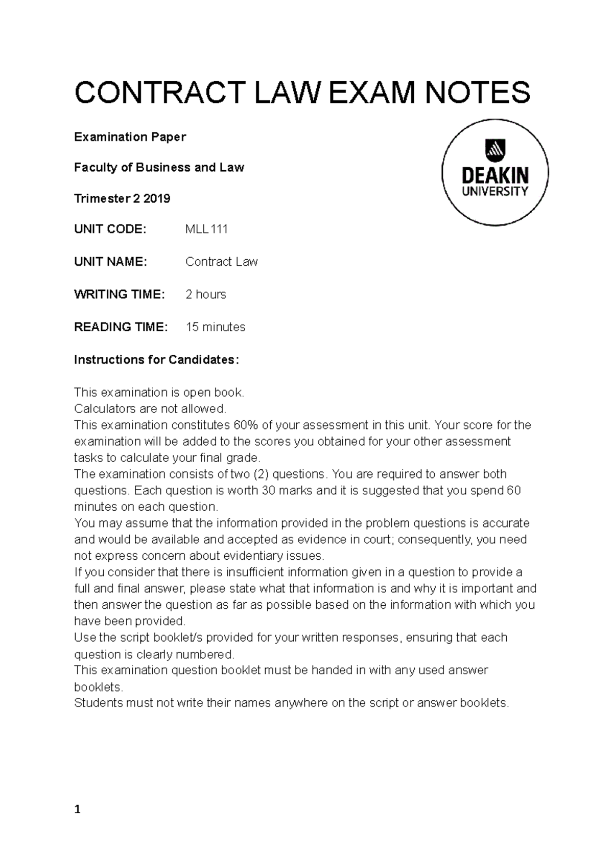 Contract LAW EXAM Notes CONTRACT LAW EXAM NOTES Examination Paper contract-law-exam-notes-contract-law-exam-notes-examination-paper