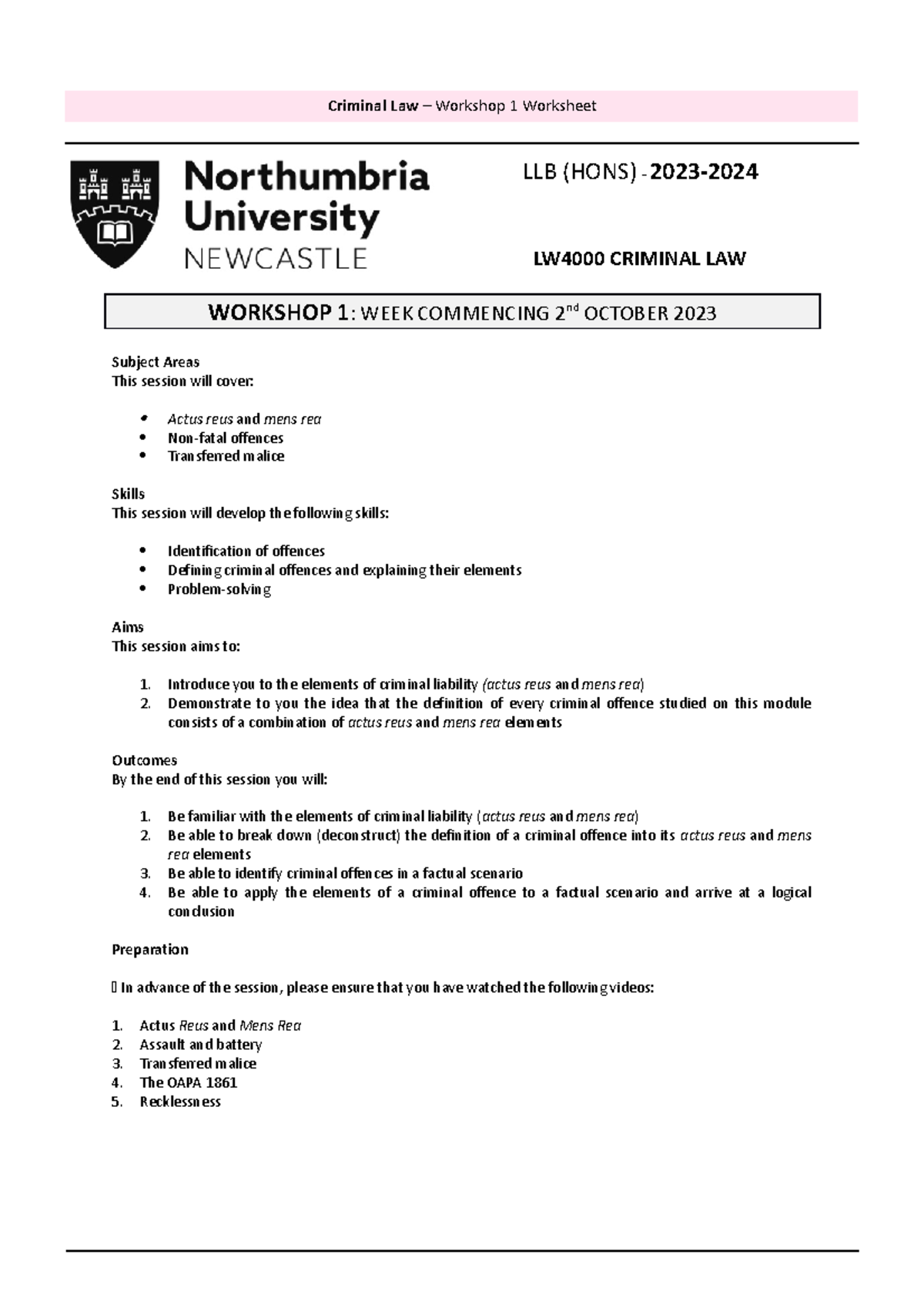 Workshop 1 AR&MR Worksheet - LLB (HONS) - 2023- LW4000 CRIMINAL LAW ...