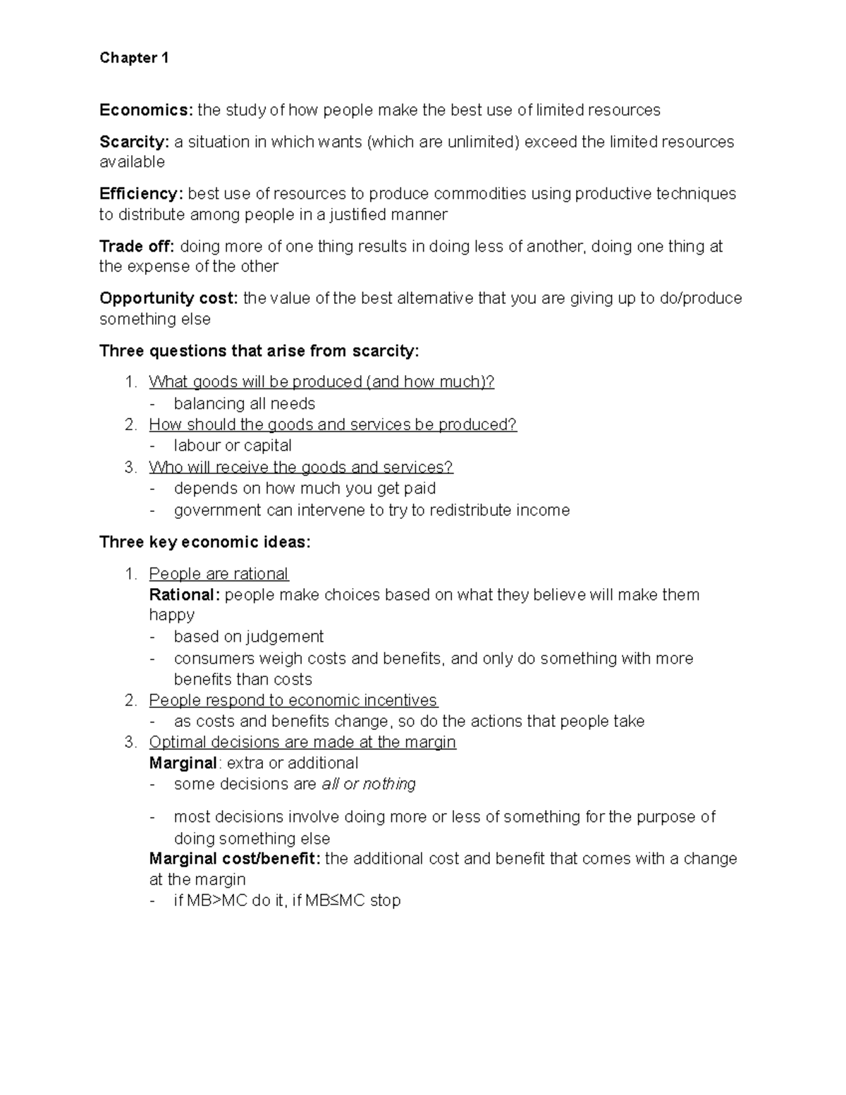 Chapter 1 - Notes - Chapter 1 Economics: the study of how people make ...