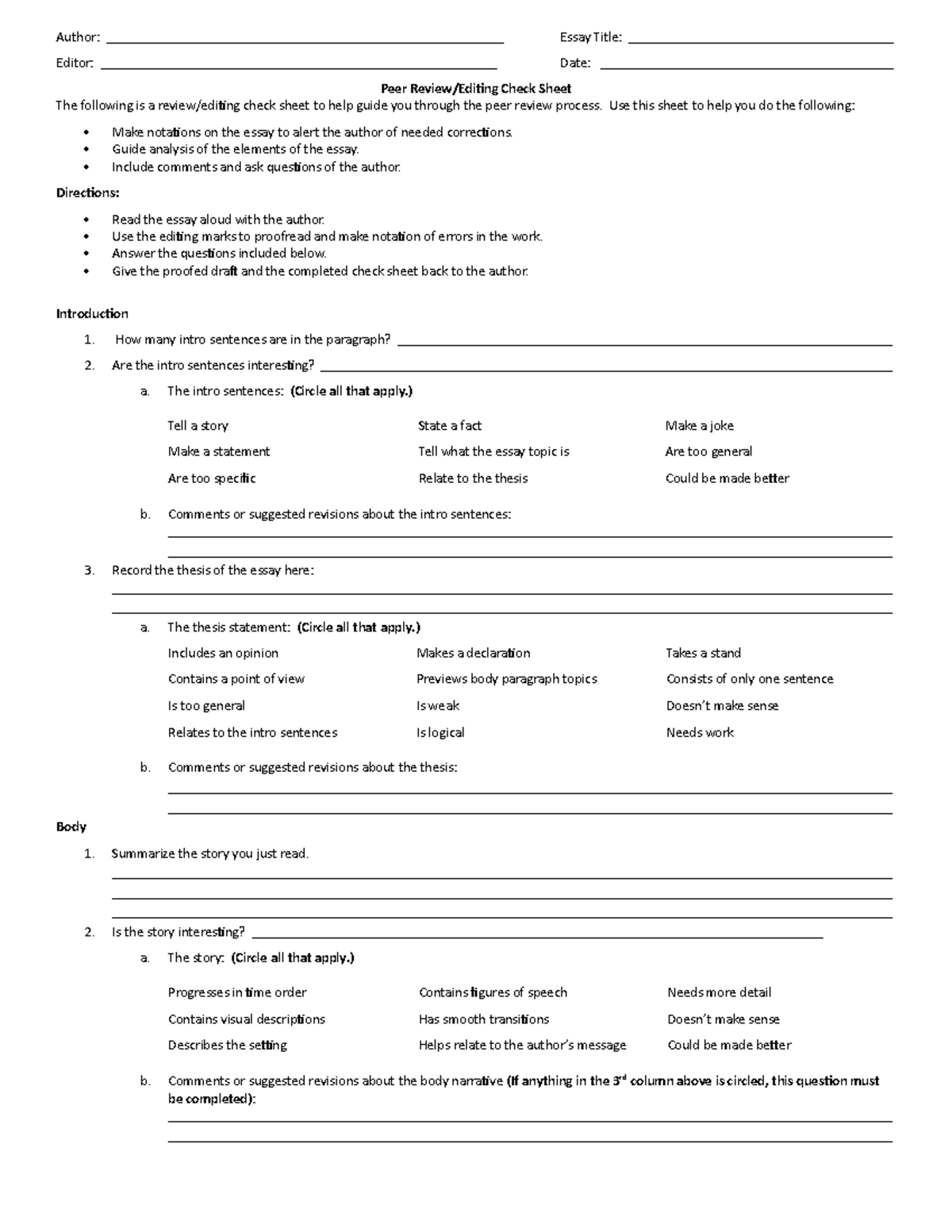 peer review sheet essay