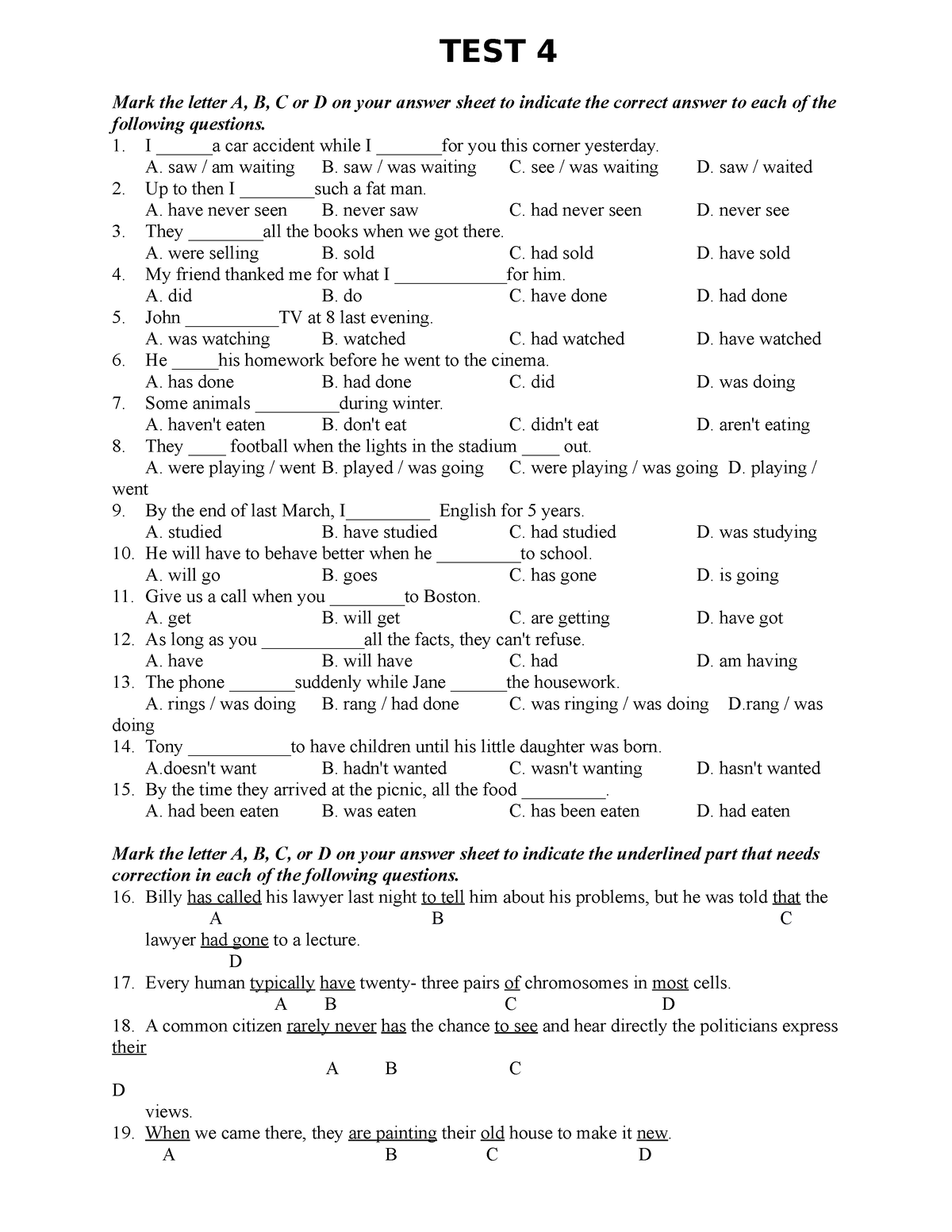 Test 4- TC (T.4) - practice your english - English Linguistics - Saigon ...