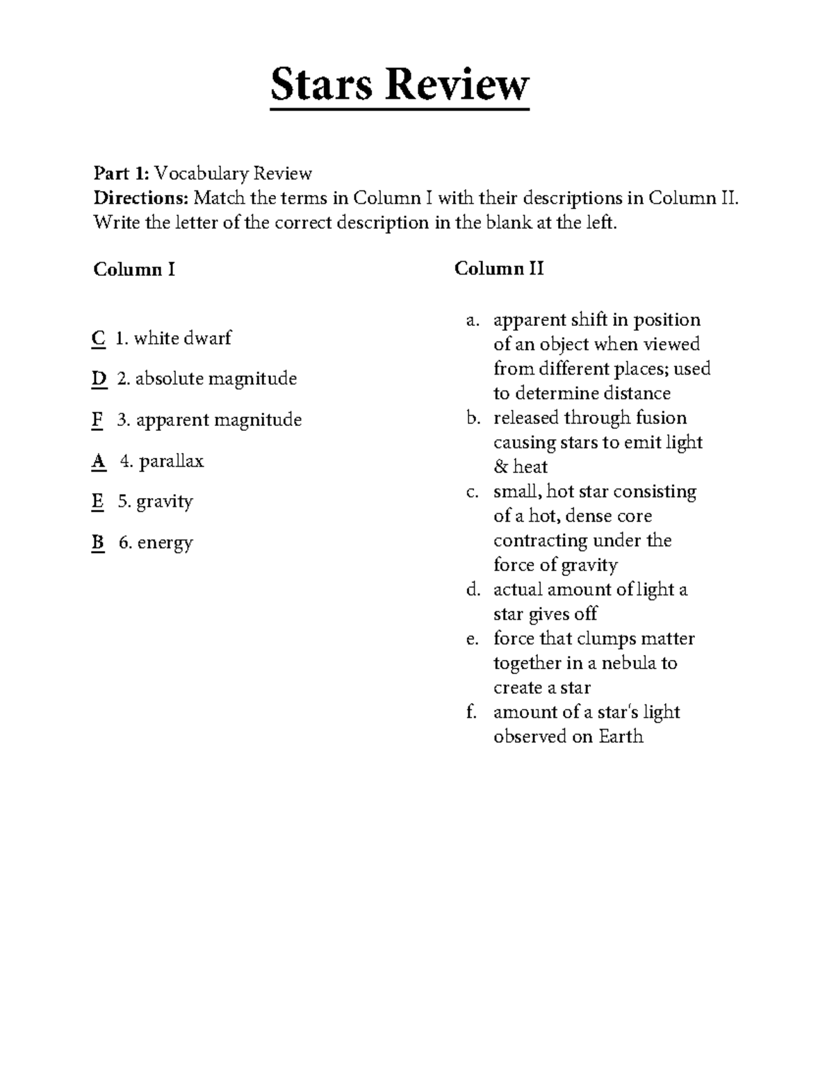 Stars+Review+-+KEY - Stars Review a. apparent shift in position of an ...
