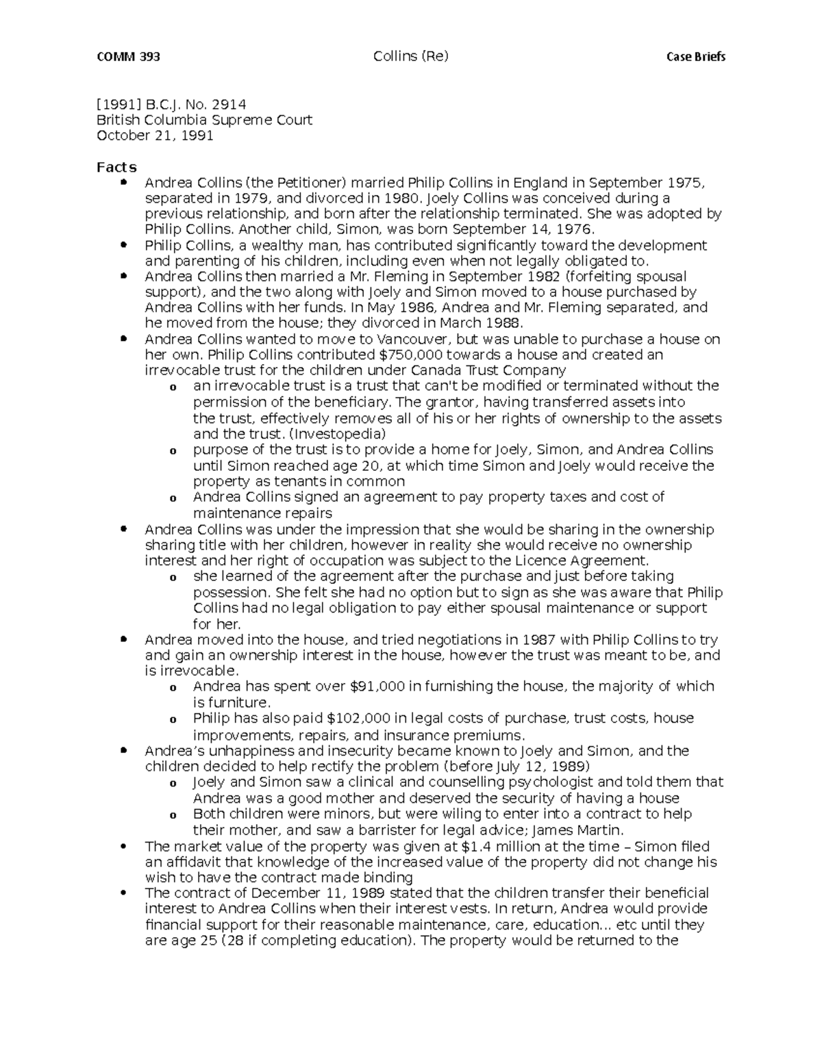 Collins-Re - Case Study - COMM 393 Collins (Re) Case Briefs [1991] B.C ...