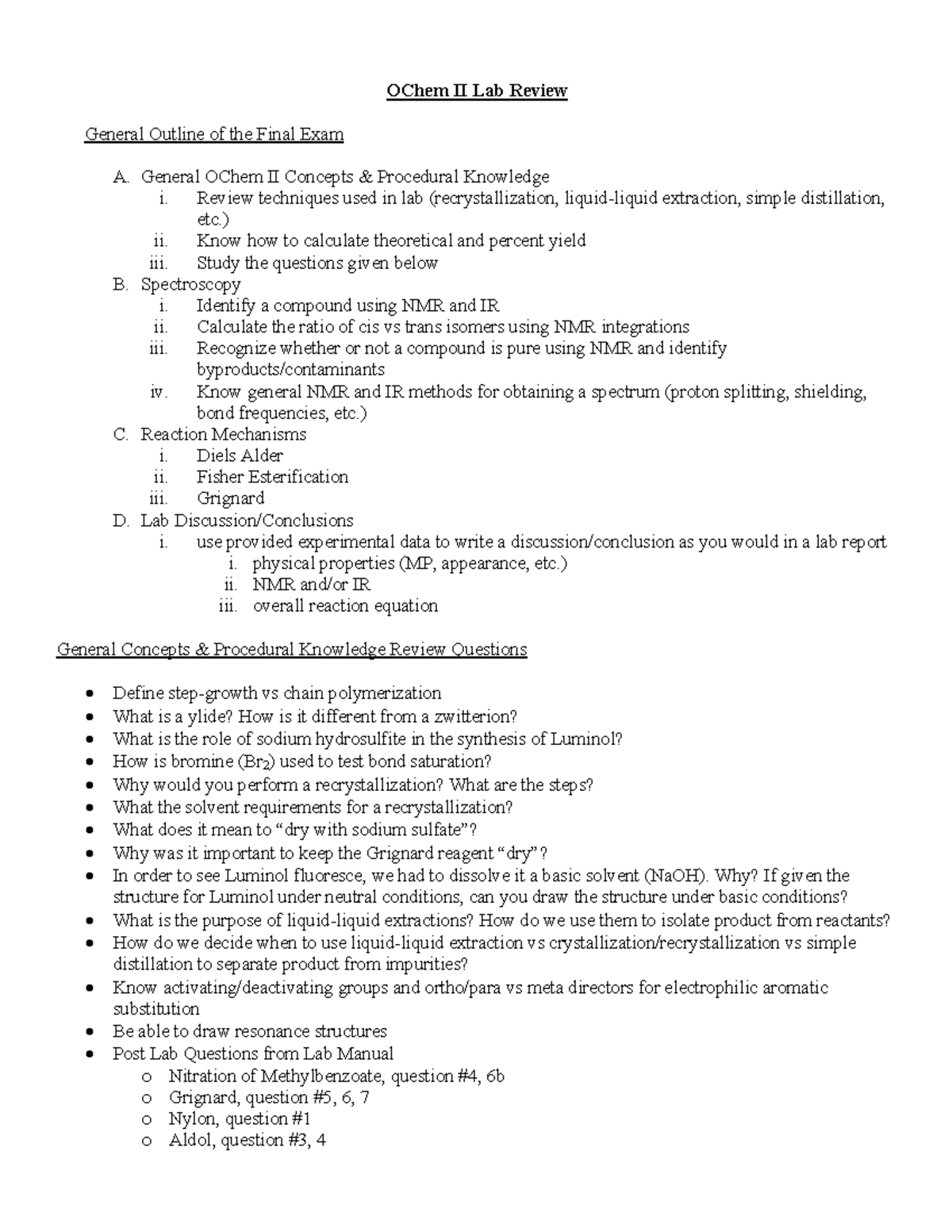 OChem II Lab Final Review - OChem II Lab Review General Outline Of The ...