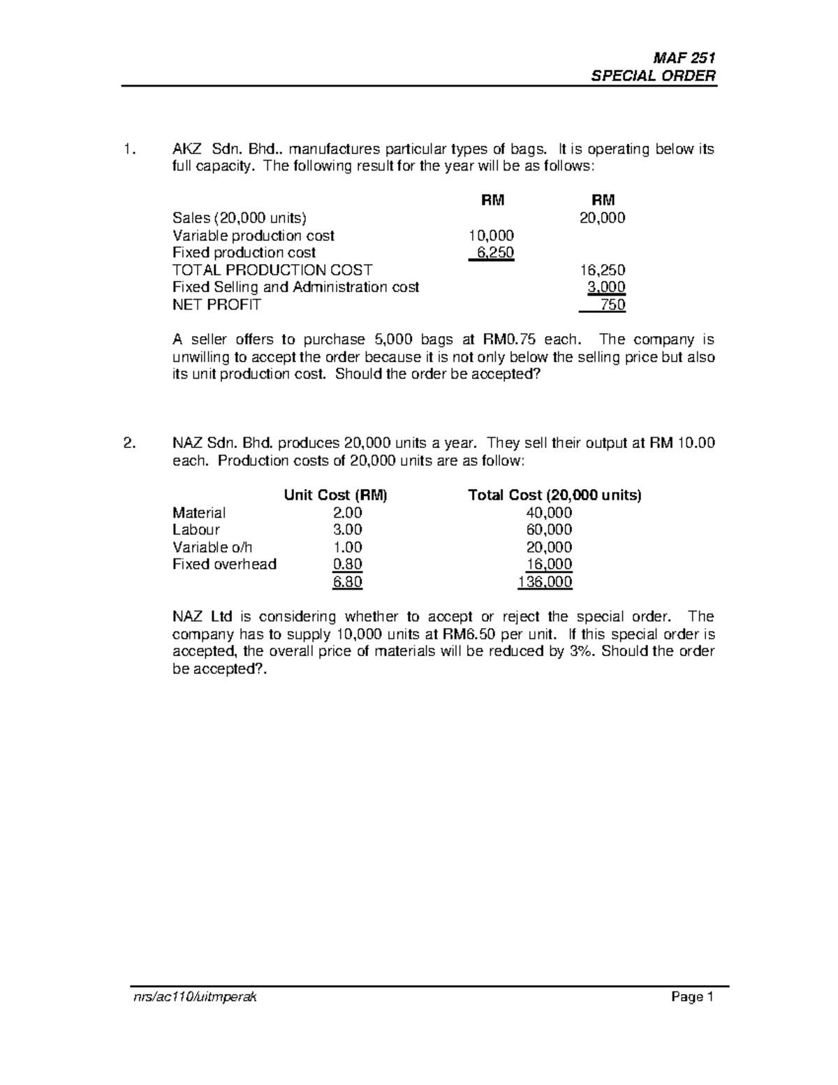 Learning Activity 1 Special Order - MAF 251 SPECIAL ORDER nrs/ac110 ...