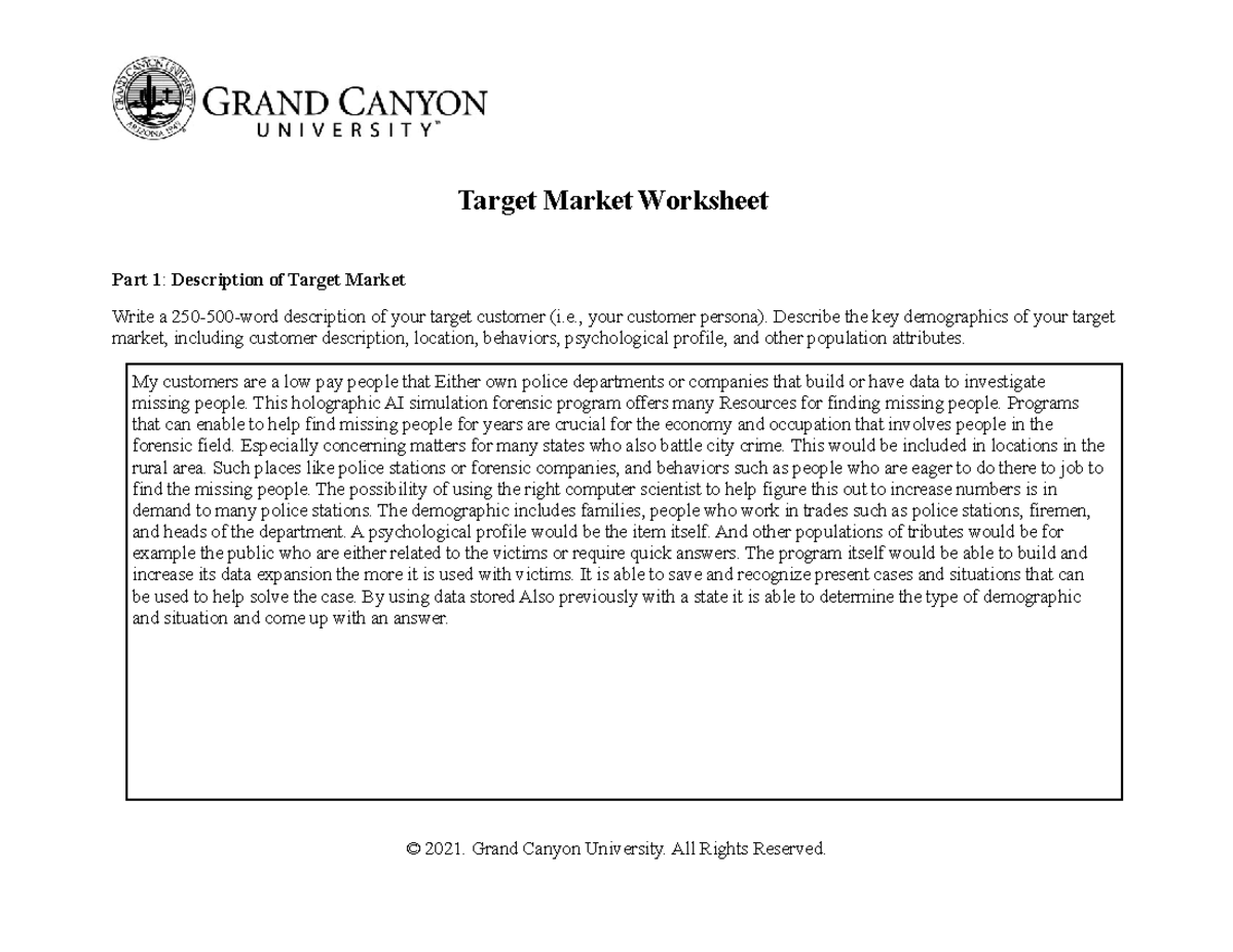 Target Market Worksheet done Target Market Worksheet Part 1 Description of Target Market