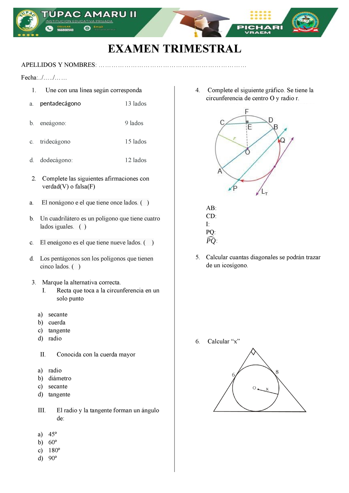 Examen Trimestral Secundarias Examen Trimestral Apellidos Y Nombres ...