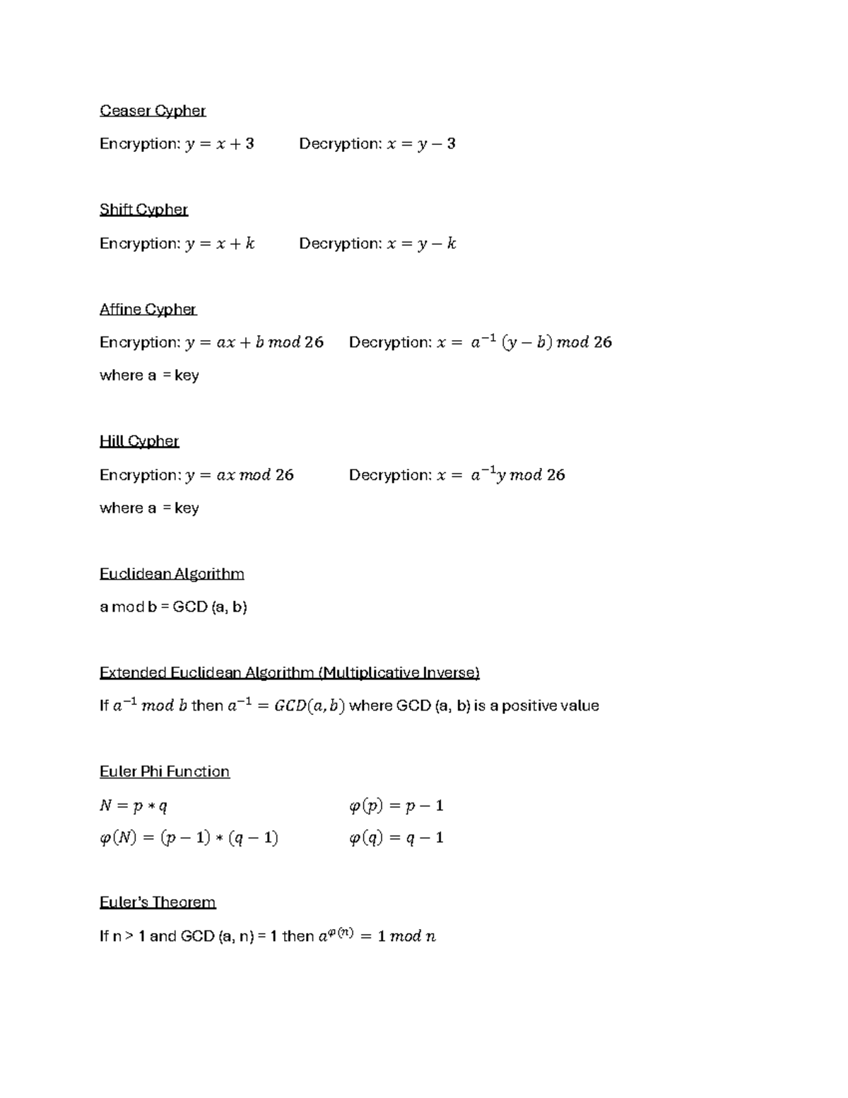 Formula Sheet - Ceaser Cypher Encryption: 𝑦 = 𝑥 + 3 Decryption: 𝑥 = 𝑦 − ...