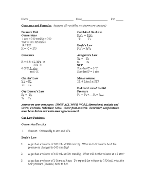 Gas Law Worksheet - Gas Laws - Name Date__________________ Per. - Studocu