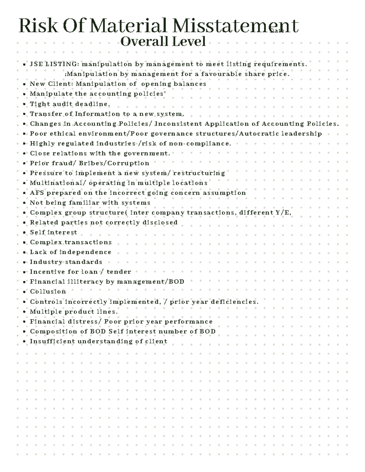 Risk of Material misstatements scenario triggers - Risk Of Material ...