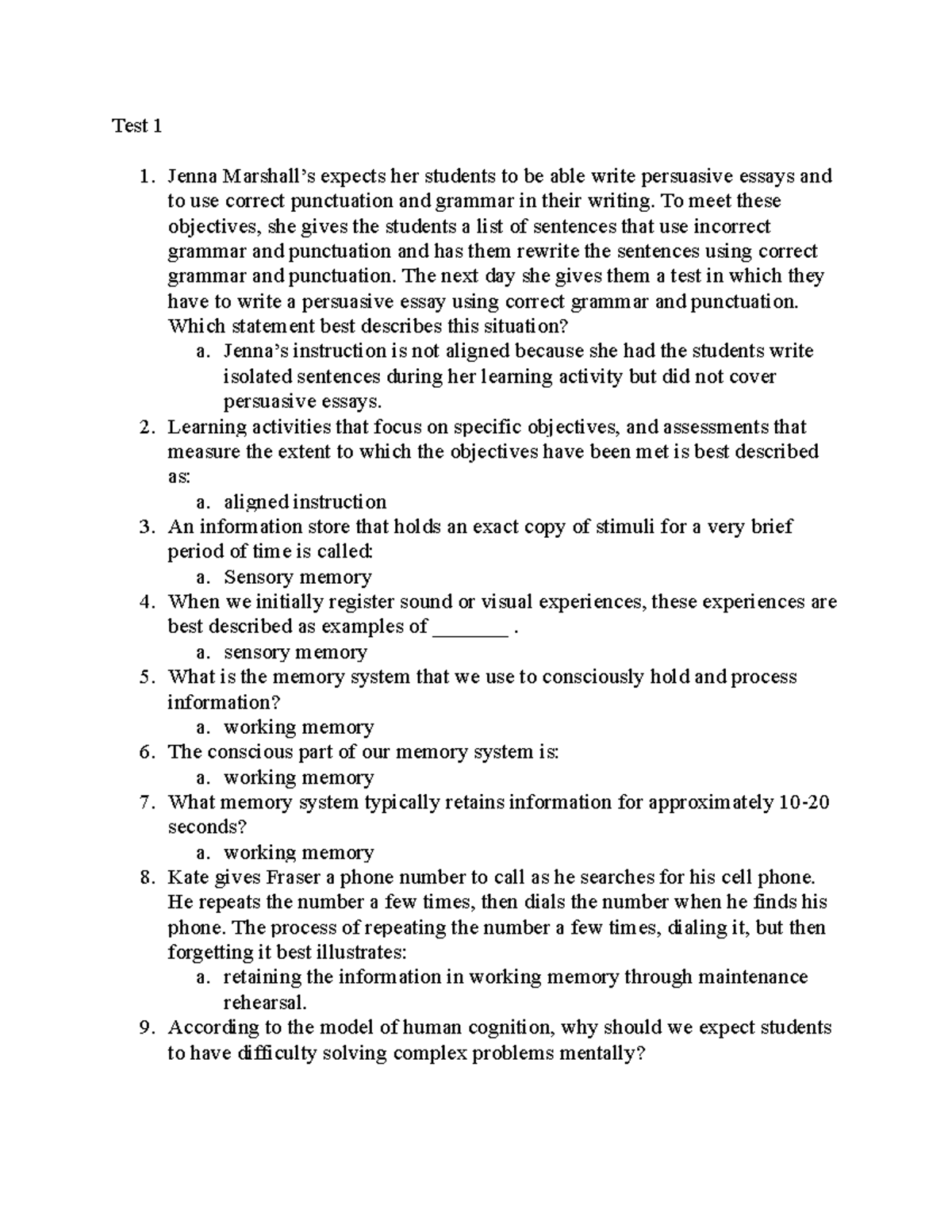 ED Psych 14 Final Study Guide - Test 1 Jenna Marshall’s expects her ...