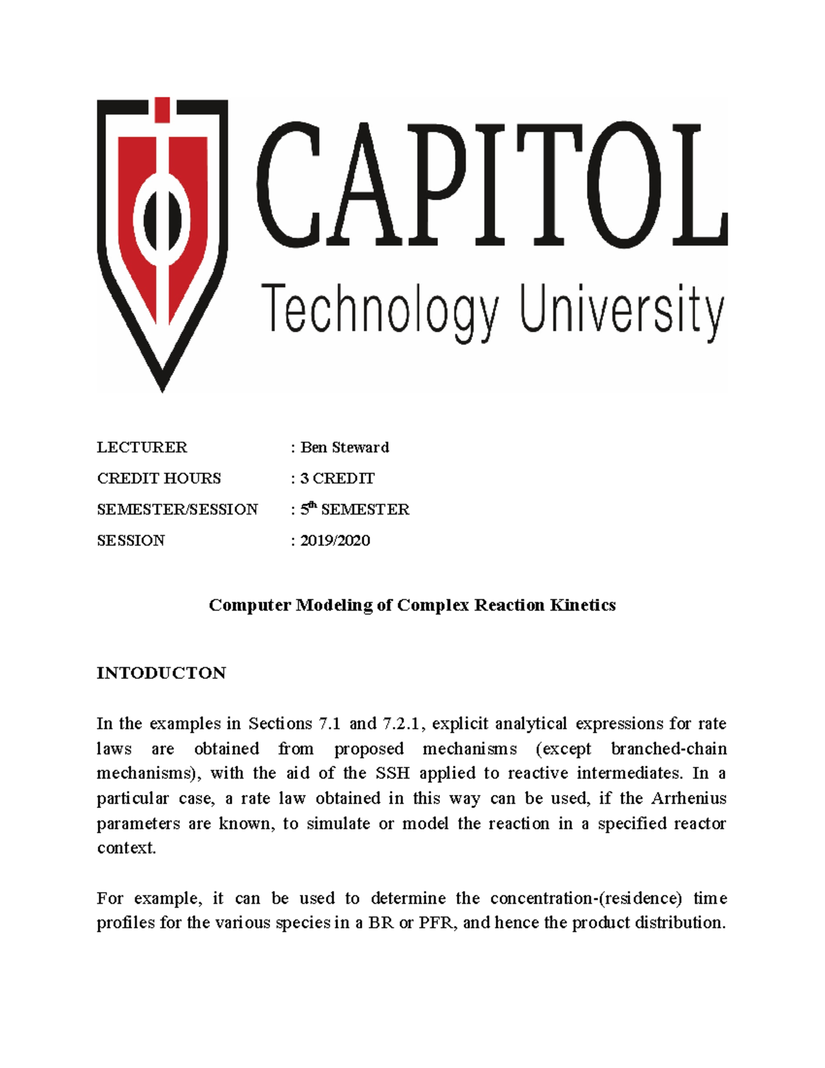 Report Task Computer Modeling of Complex Reaction Kinetics - LECTURER ...