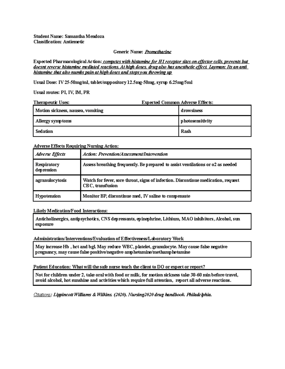 Promethazine Unit 2 - Student Name: Samantha Mendoza Classification ...