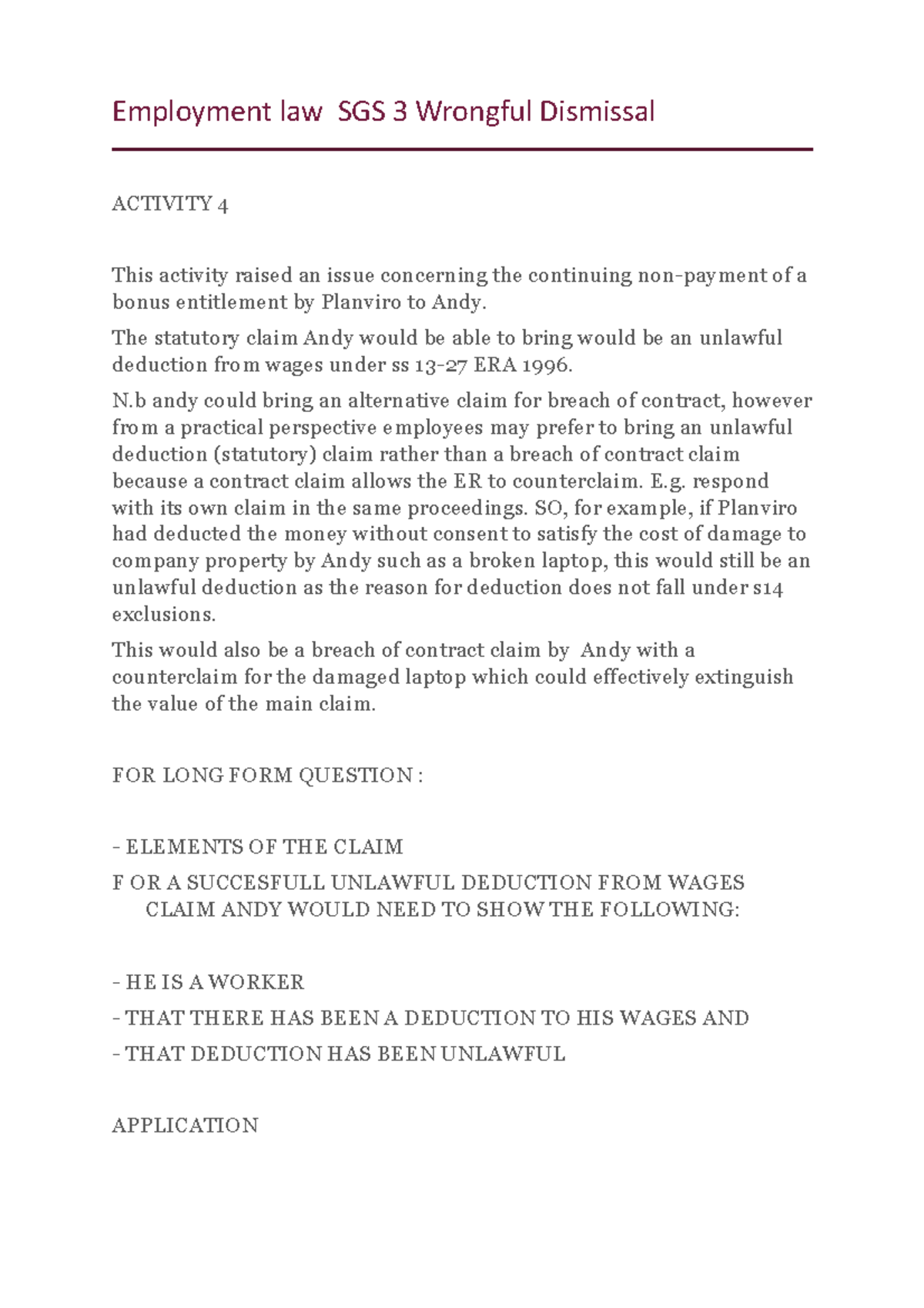 Employment law SGS 3 Wrongful Dismissal - Employment law SGS 3 Wrongful ...