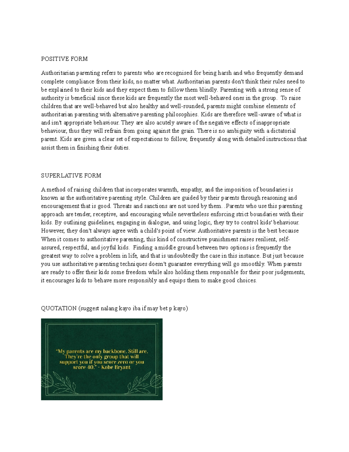 Ibt - purp lecture - POSITIVE FORM Authoritarian parenting refers to ...