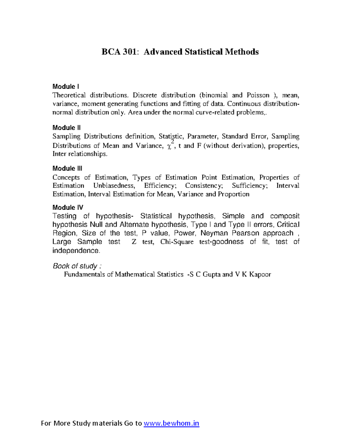 BCA 301 Advanced Statistical Methods - For More Study materials Go to ...