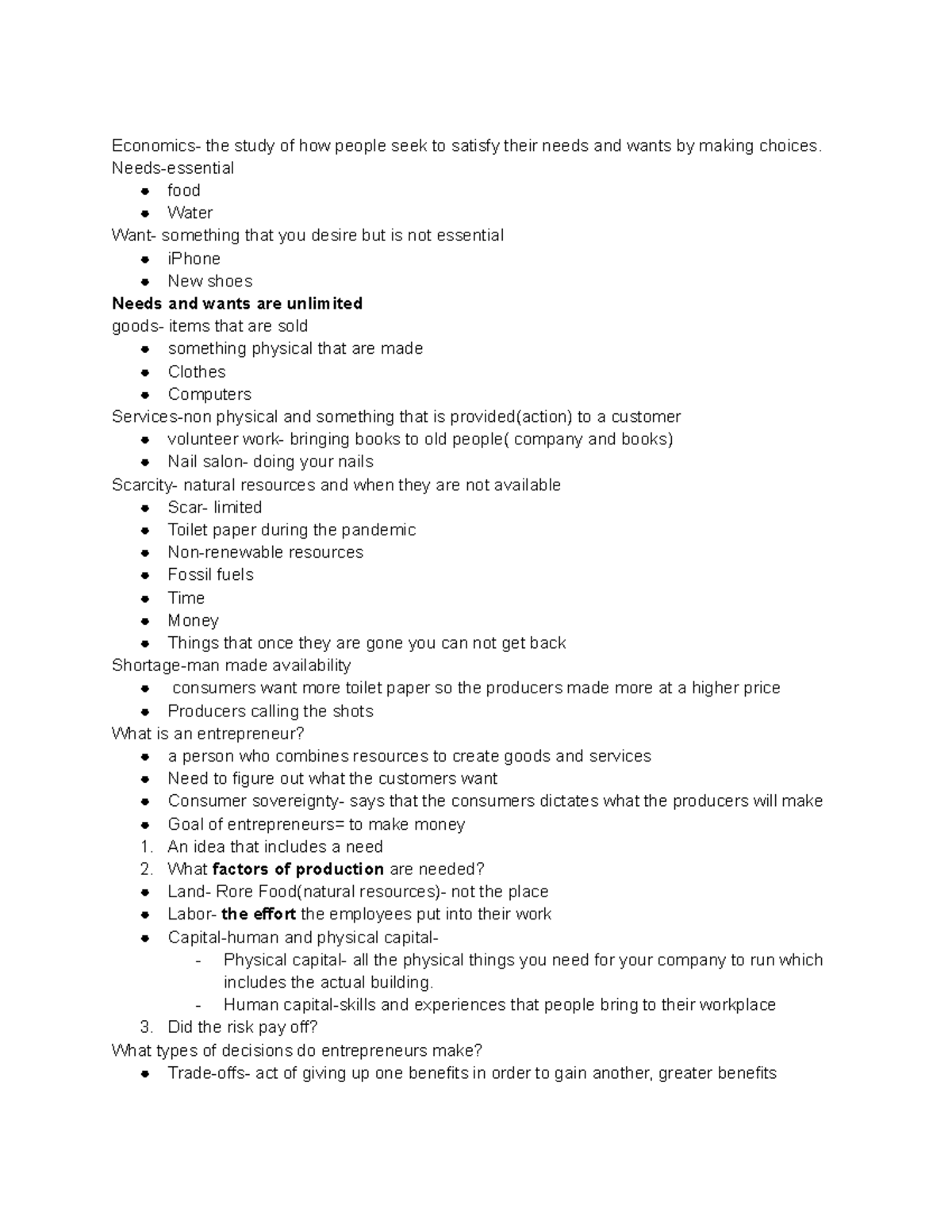 Unit 1- intro to economics notes - Economics- the study of how people ...
