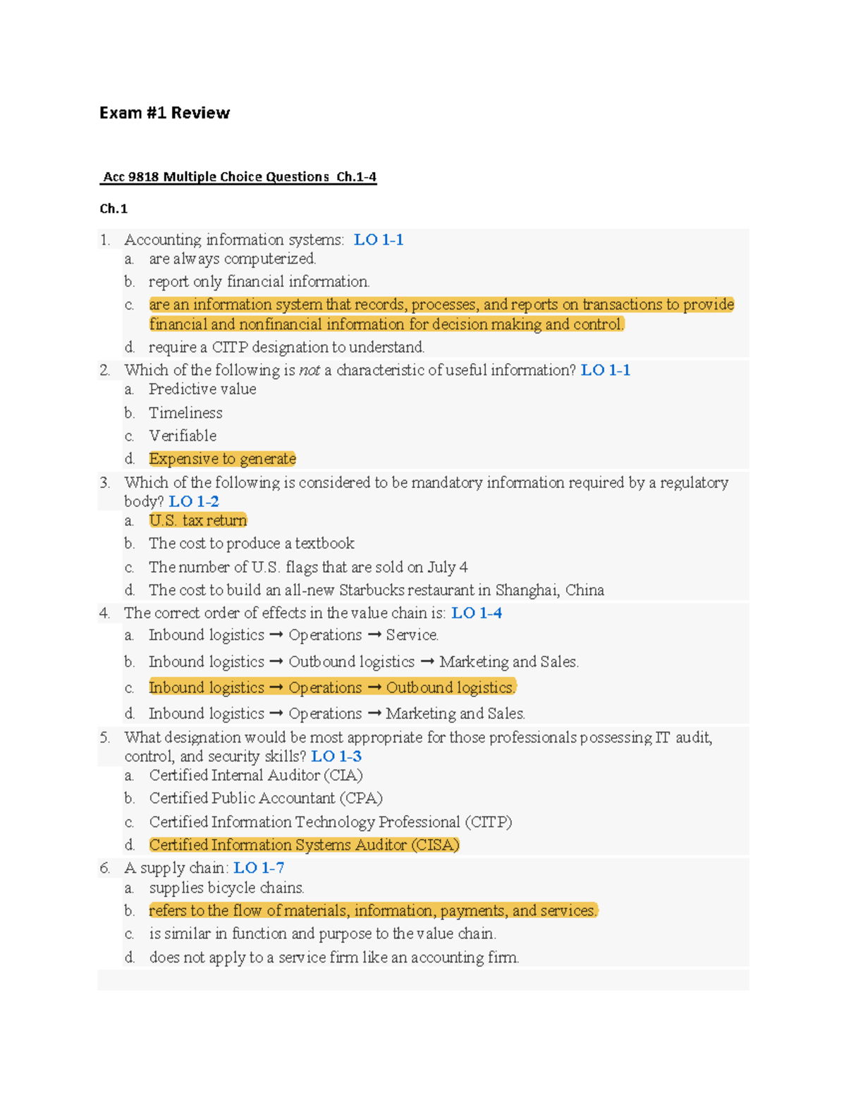 Practice Exam Review #1 Ch - Exam #1 Review Acc 9818 Multiple Choice ...